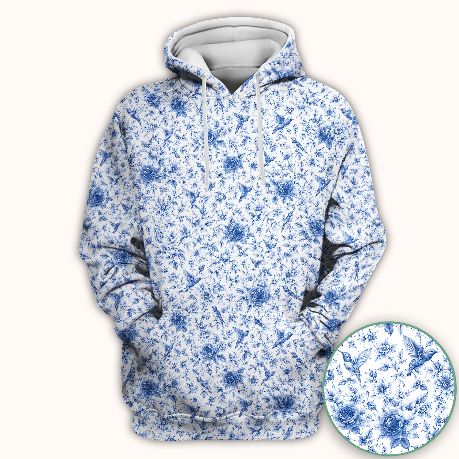 Blue Floral Hummingbird Toile Pattern Scrub Top, Comfortable Scrubs for Nurses