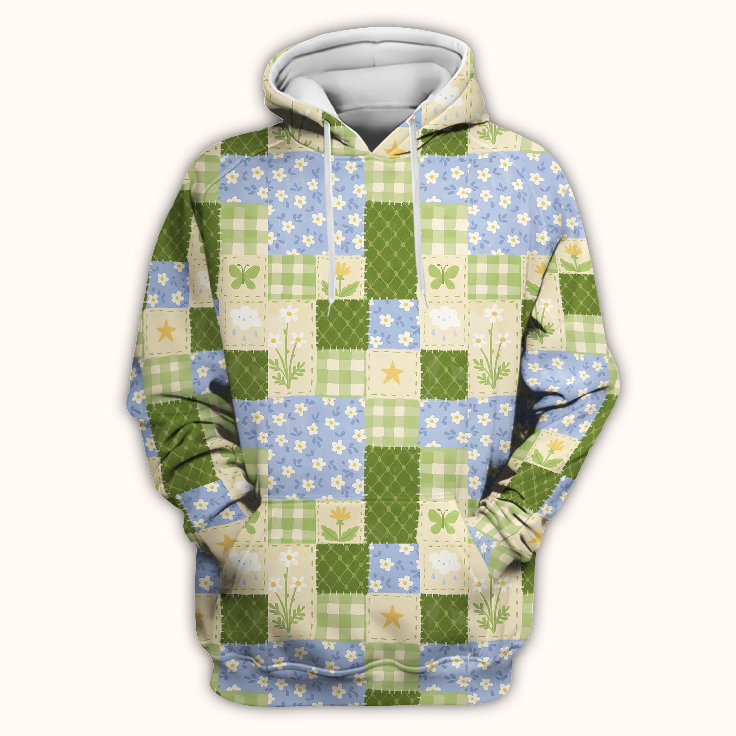 Green Patchwork Clover Floral Pattern Scrub Top, Comfortable Scrubs For Nurses