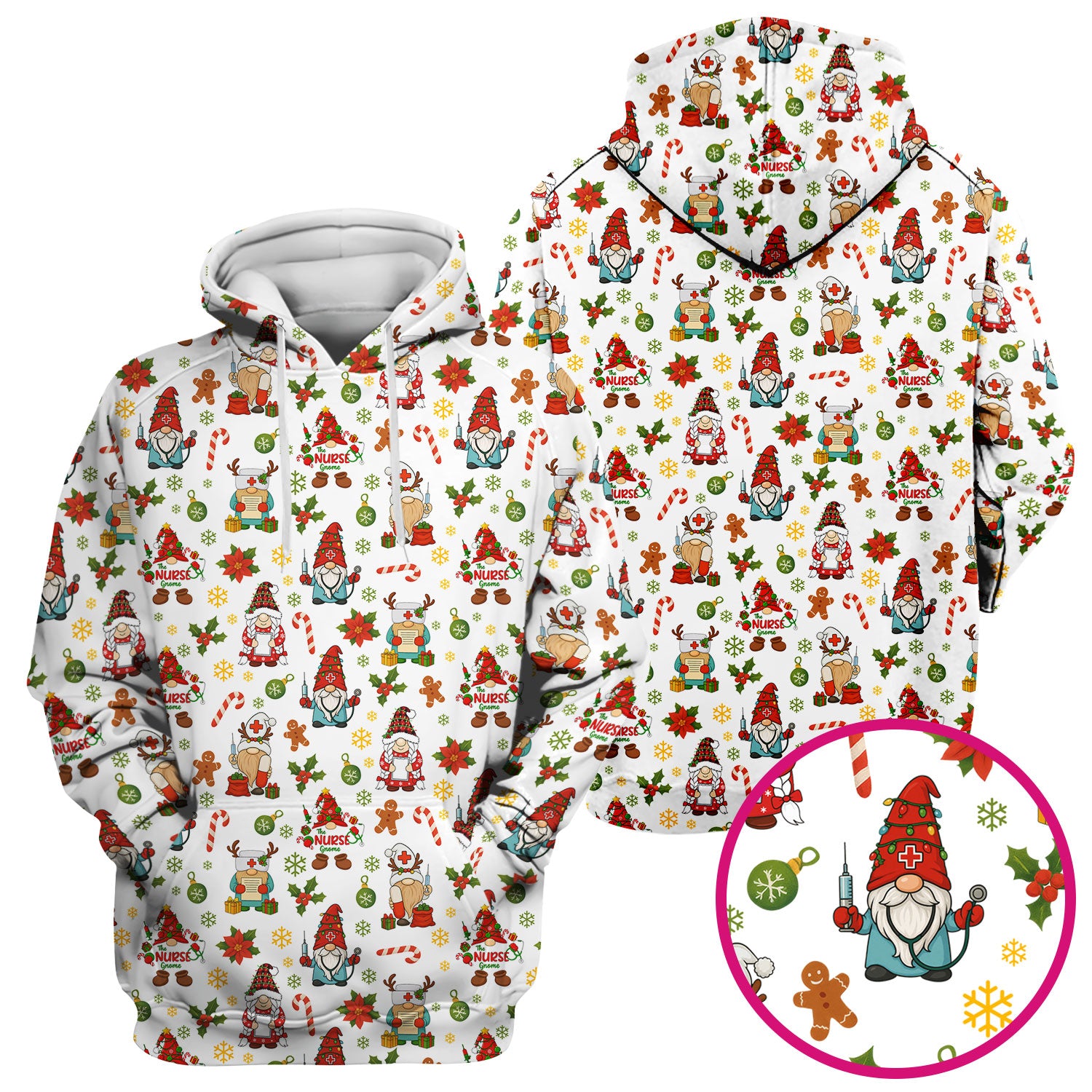 Christmas Gnome Nurse Scrub Top - Cute Holiday Santa Reindeer Print Scrubs - Funny Xmas Medical Scrub Shirt Gift for Women, CNA, RN, Doctor