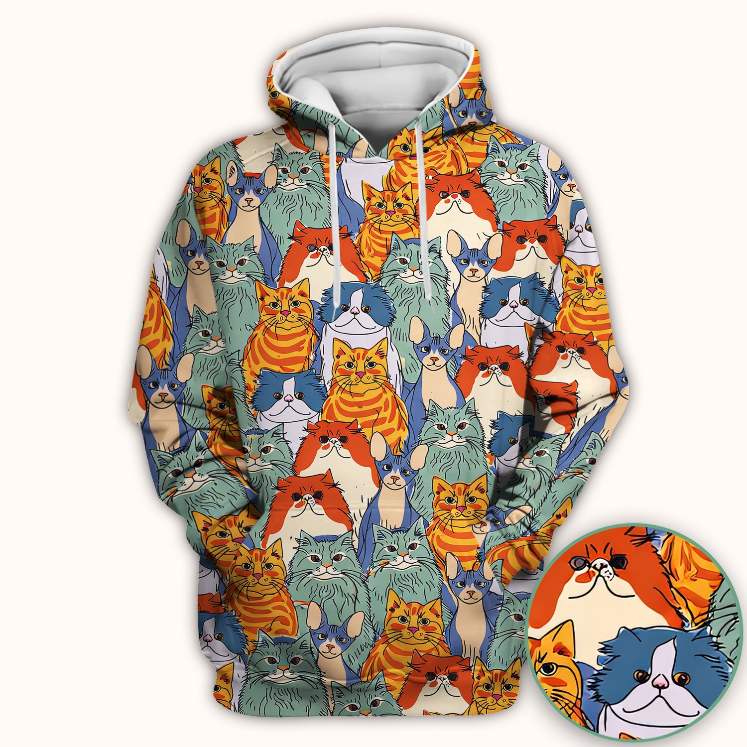 Cute Multicolor Cat Faces Illustration Pattern Scrub Top, Comfortable Scrubs for Nurses