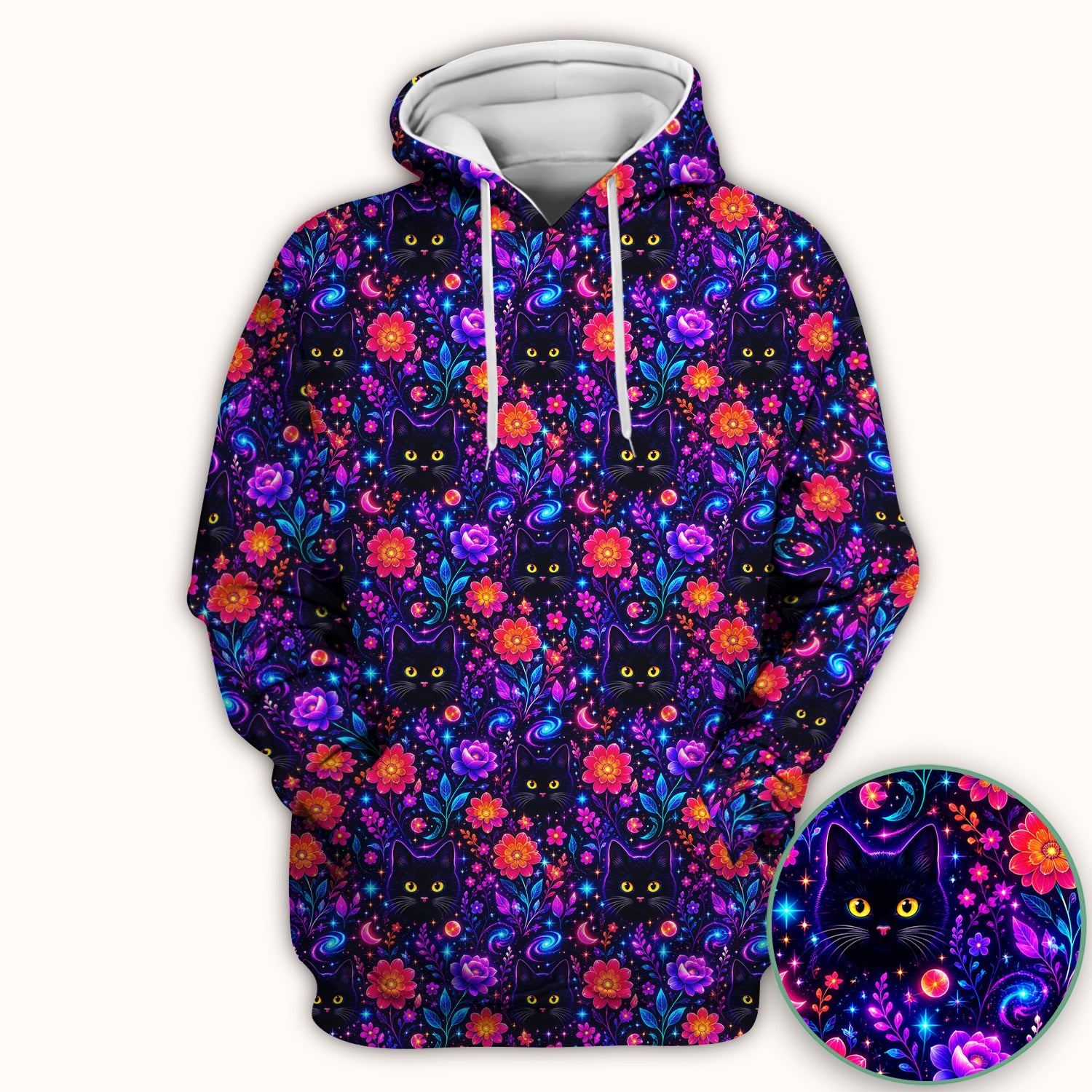 Galaxy Black Cat Floral Pattern Scrub Top, Comfortable Scrubs for Nurses