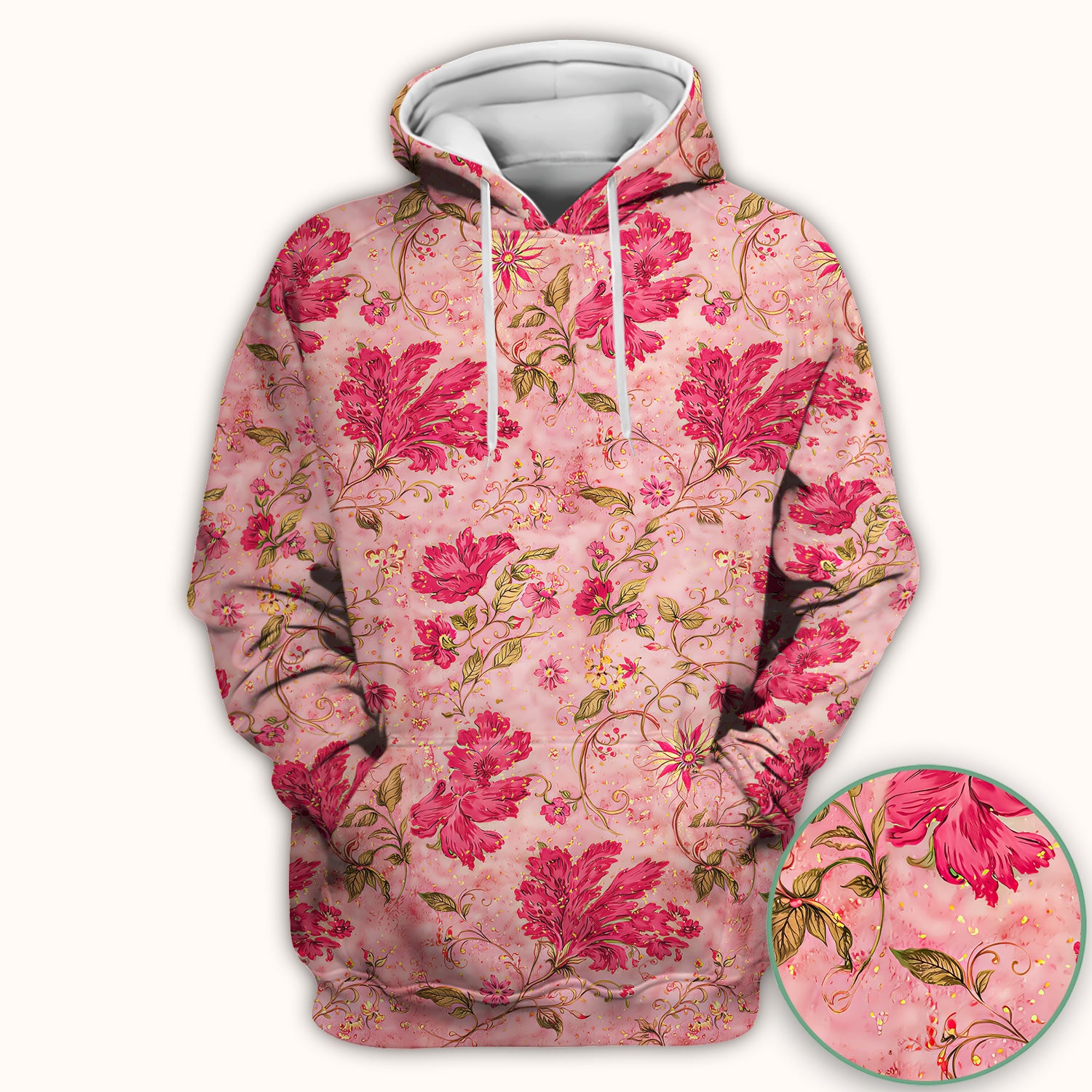 Elegant Pink Floral Vine Pattern Scrub Top, Breathable Fabrics Nursing Uniform