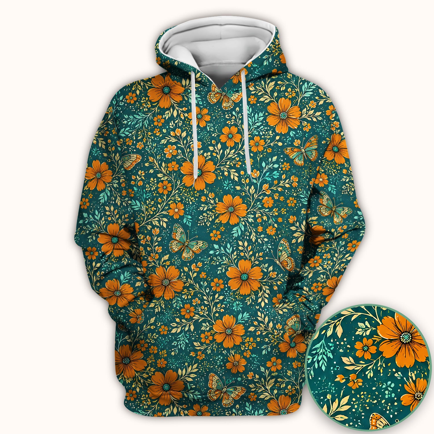 Orange Floral Butterfly Vine Pattern Scrub Top, Comfortable Scrubs for Nurses
