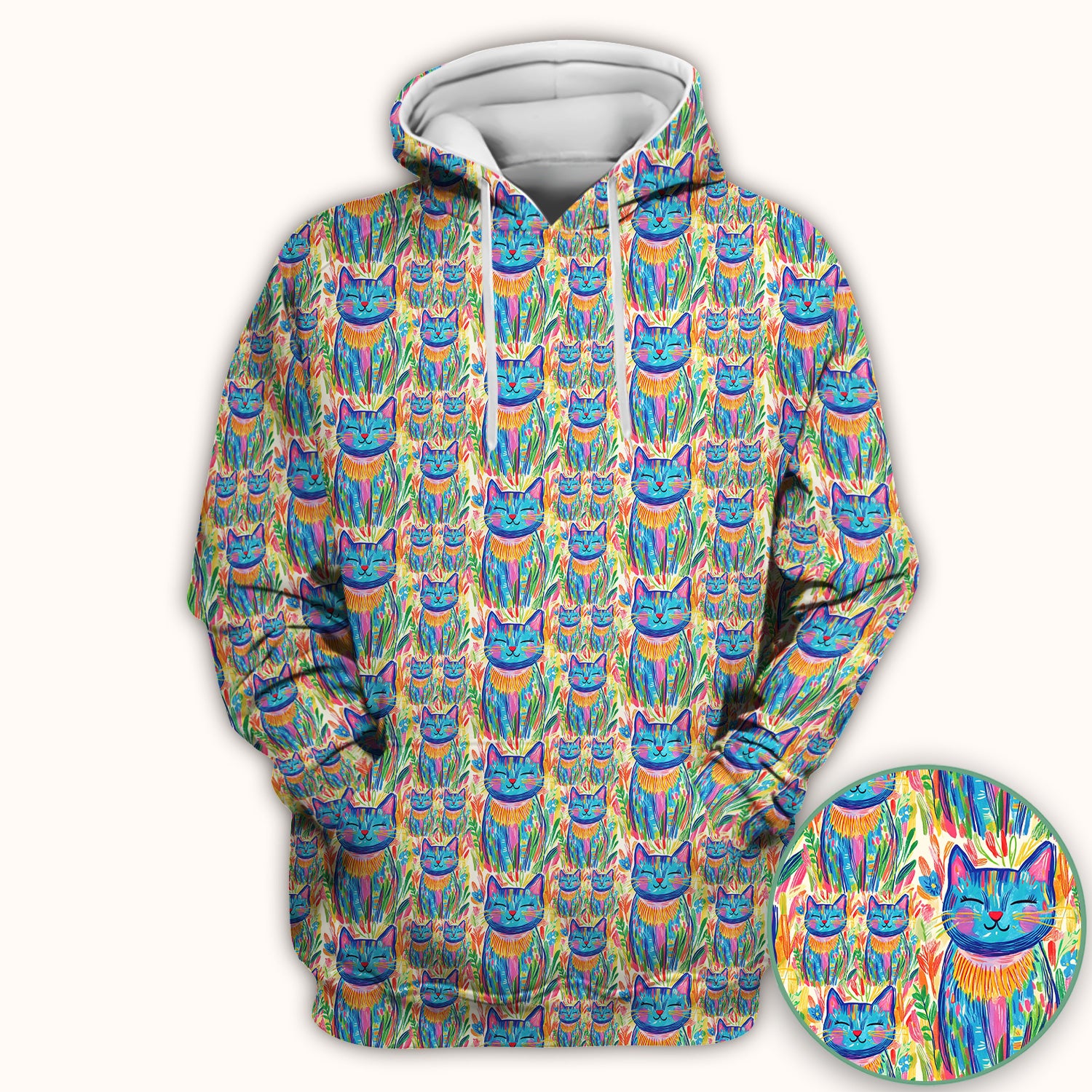 Colorful Rainbow Cat With Floral Brushstroke Scrub Top, Breathable Fabrics Nursing Uniform