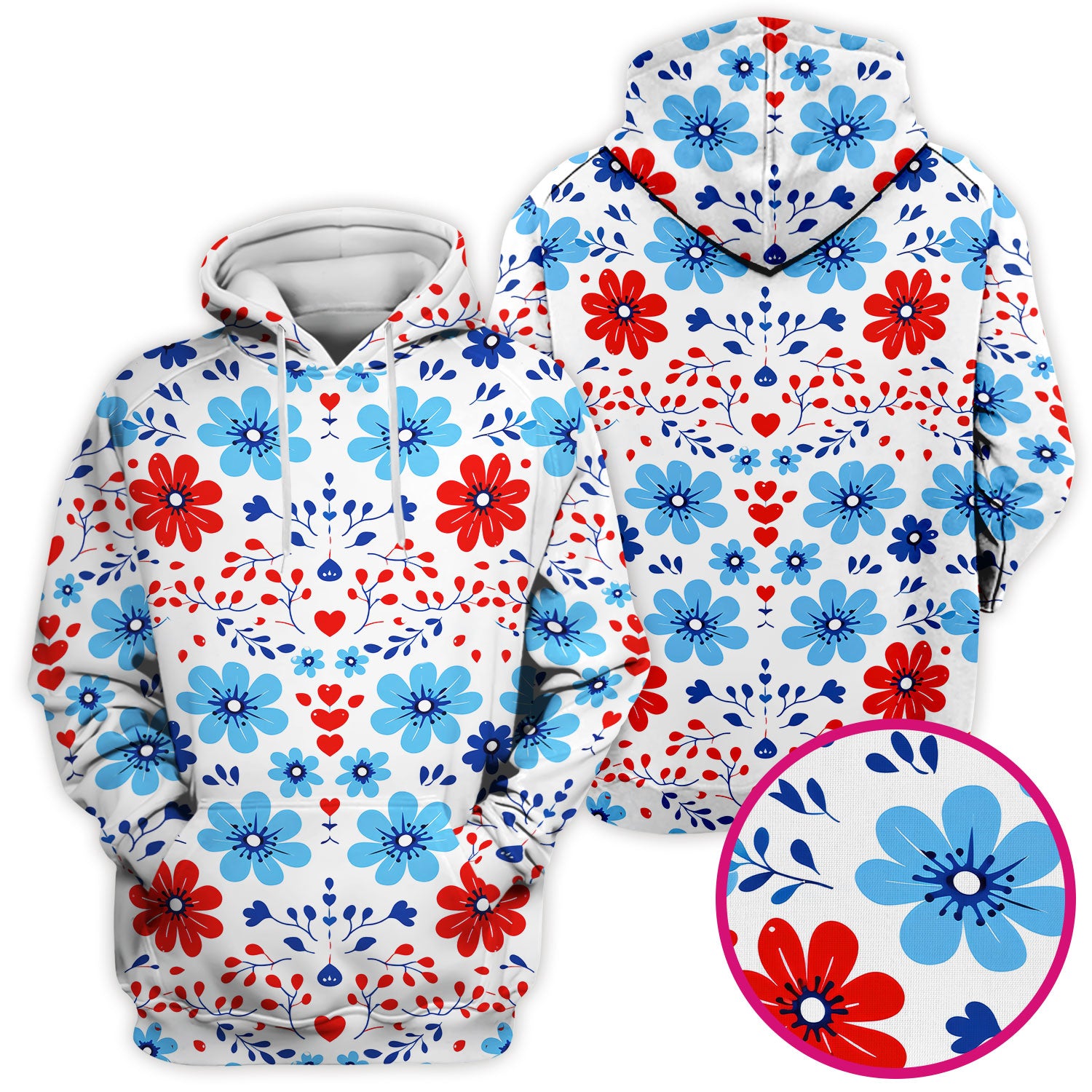 Symmetrical Folk Floral Heart Pattern Scrub Top, Breathable Fabrics Nursing Uniform