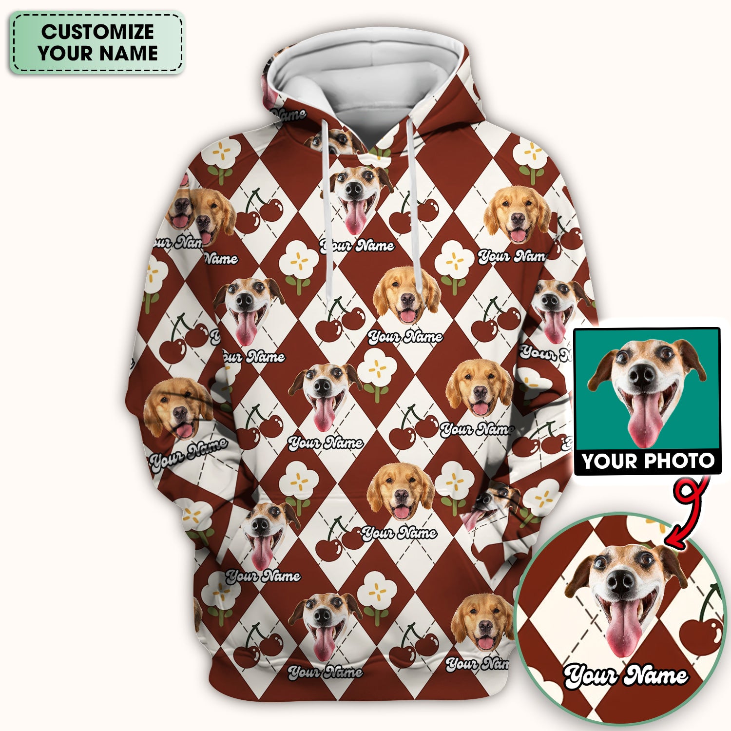 Custom Dog Face Scrub Top, Playful Dog Cherry Argyle Pattern Shirt, Comfortable Scrubs for Nurses