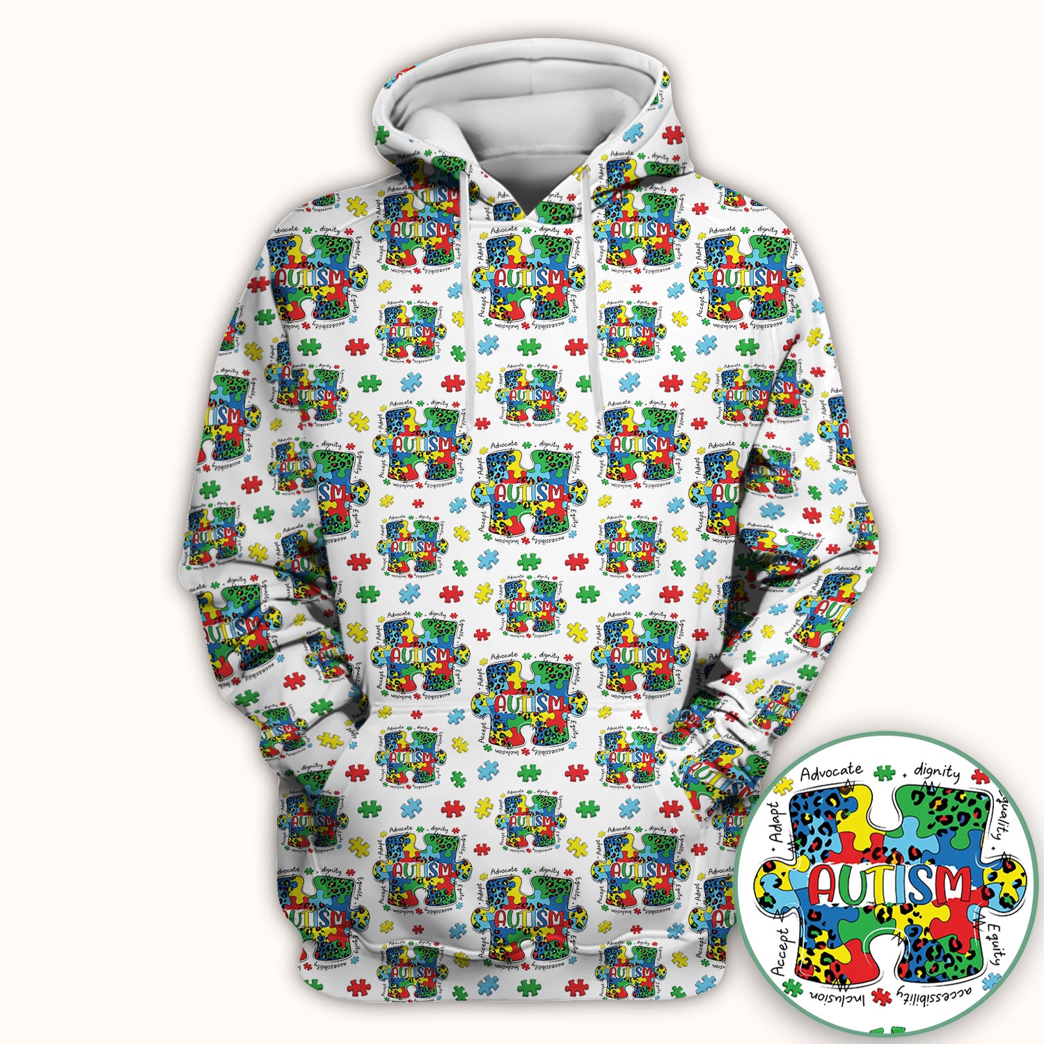 Autism Awareness Puzzle Pattern Scrub Top, Breathable Fabrics Nursing Uniform
