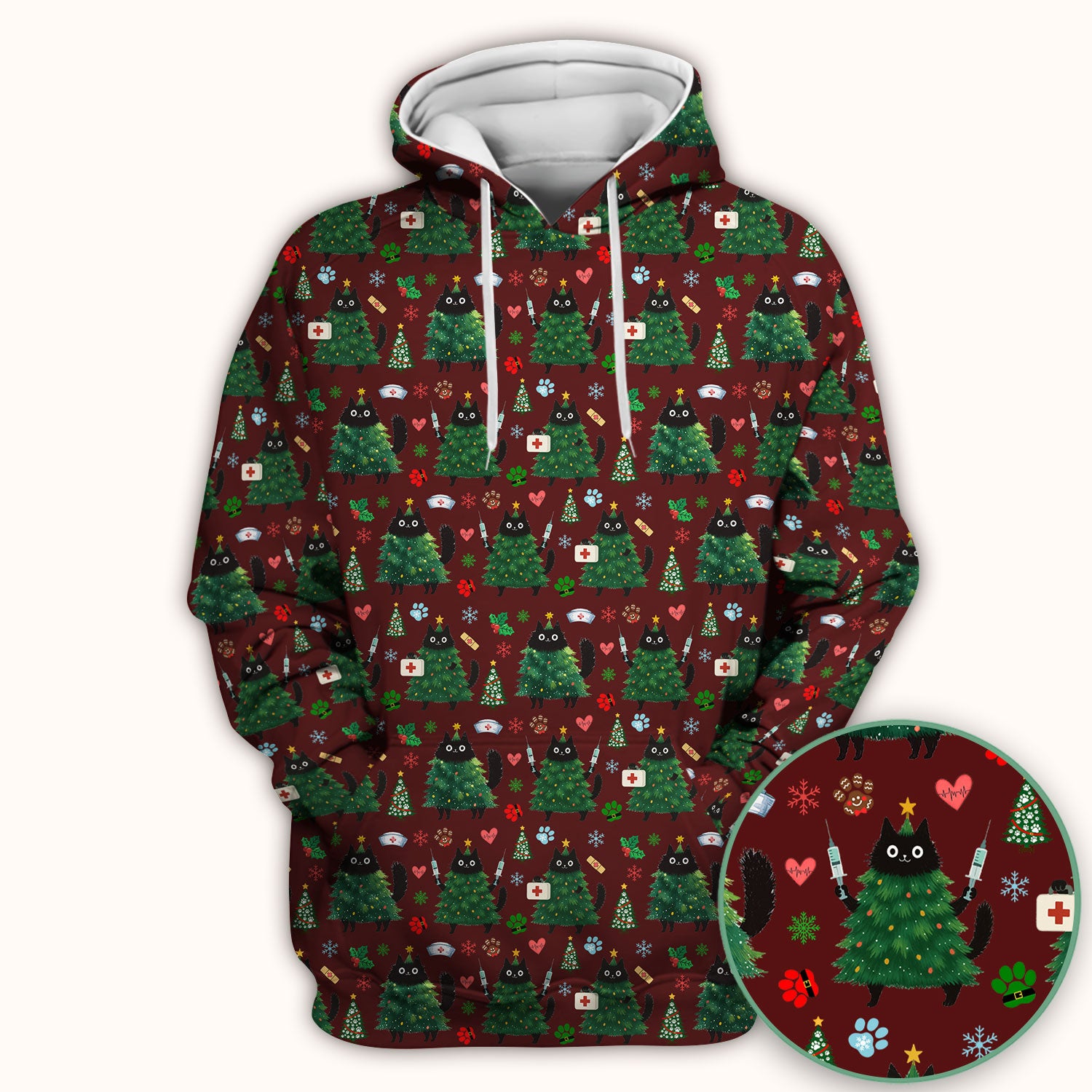 Christmas Nurse Scrub Top, Xmas Black Cat Pattern Nurse Shirt,  Breathable Fabrics Nursing Uniform