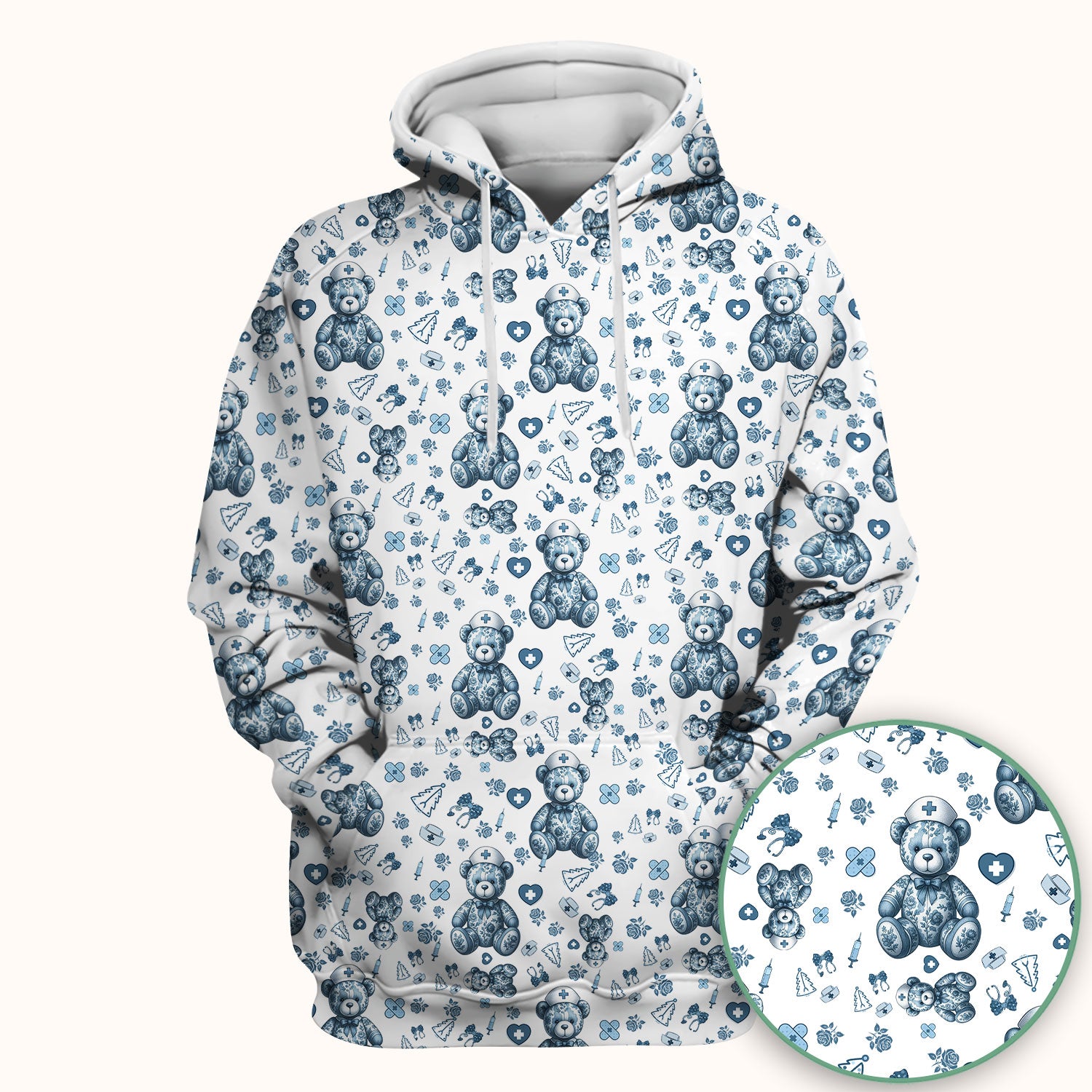 Toile Teddy Bear Nurse Scrub Top - Elegant Blue Toile de Jouy Pattern Medical Shirt for Women - Cute Vintage Nursing Uniform Gift