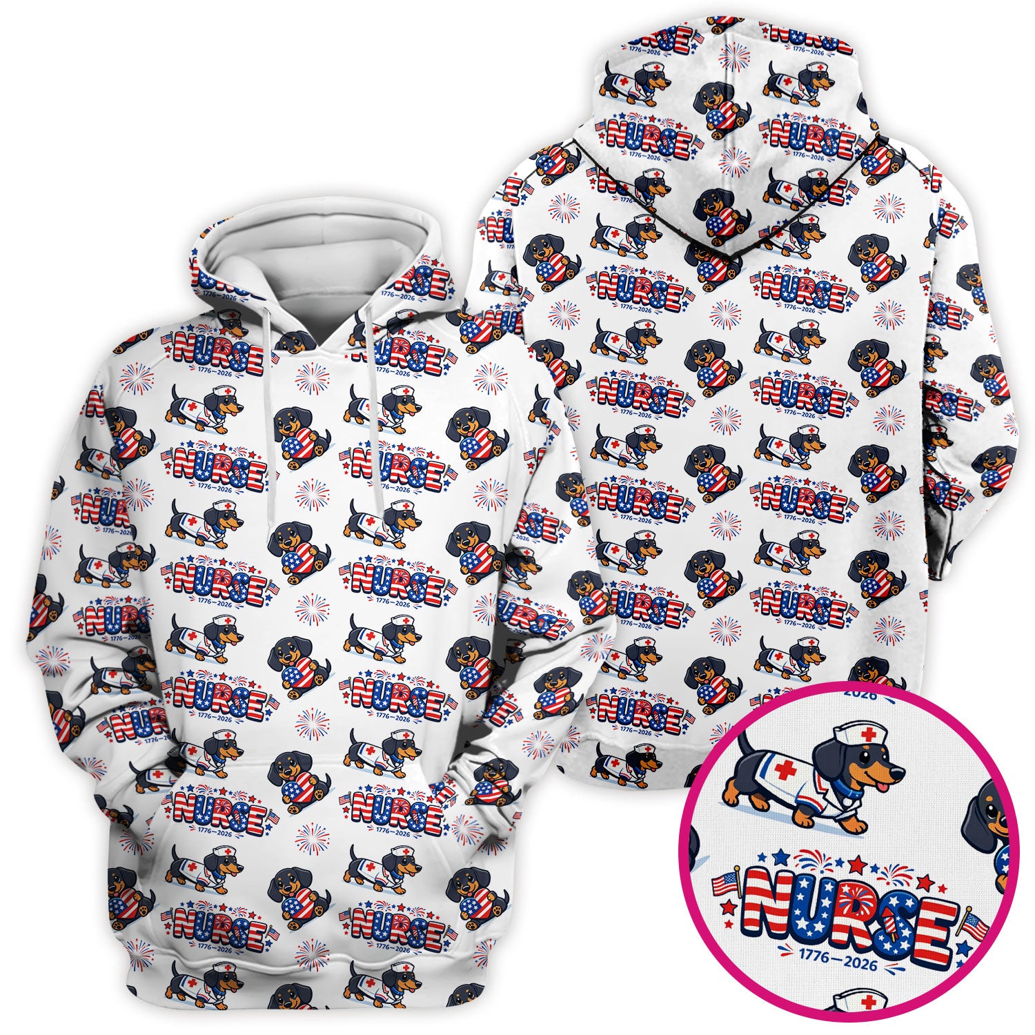 Proud Nurse Patriotic Dachshund Medical Firework Pattern Scrub Top, Comfortable Scrubs for Nurses