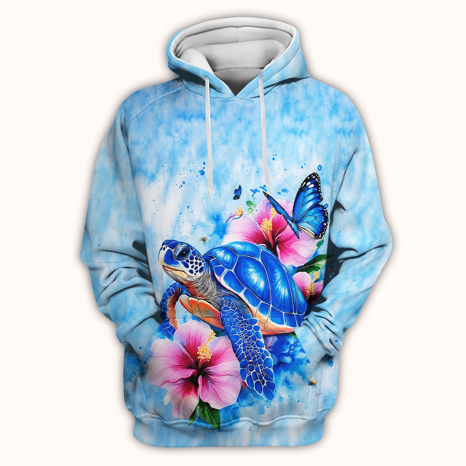 Blue Sea Turtle Hibiscus Butterfly Print Scrub Top, Comfortable Scrubs for Nurses