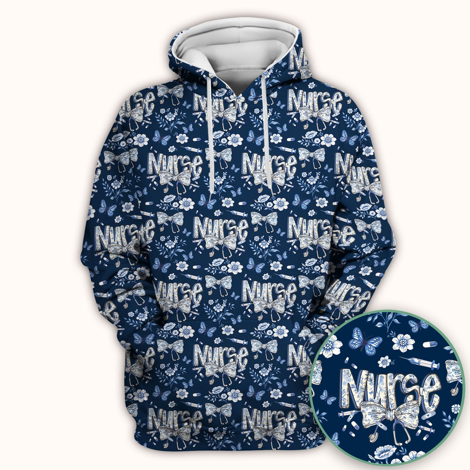 Blue Nurse Letter Bow Butterfly Floral Print Scrub Top, Comfortable Scrubs for Nurses