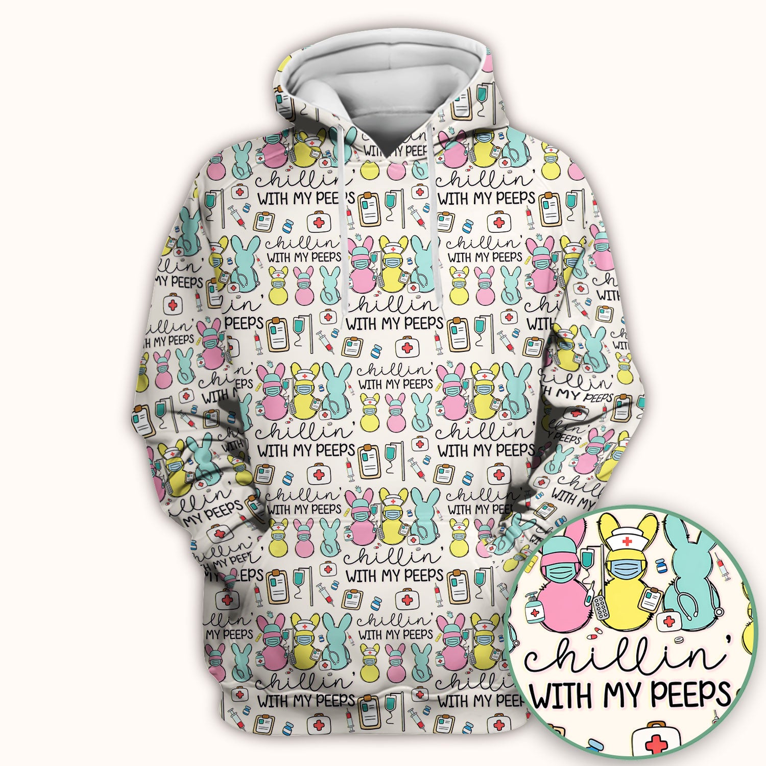 Cute Bunny Nurse Chillin With My Peeps Scrub Top, Comfortable Scrubs for Nurses, Easter