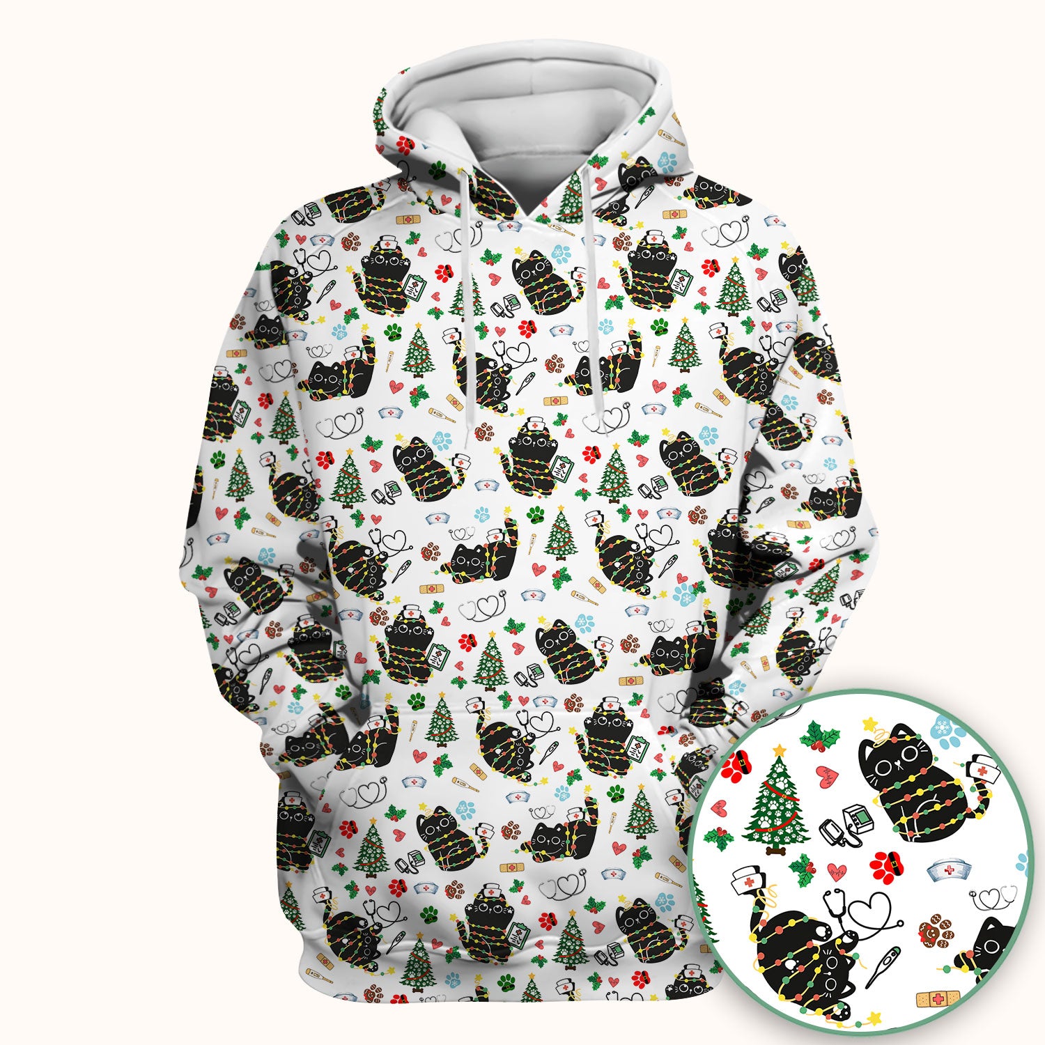 Funny Black Cat Christmas Scrub Top – Cute Holiday Kitty Pattern – Festive Medical Uniform for Nurses, Vets, and Cat Lovers