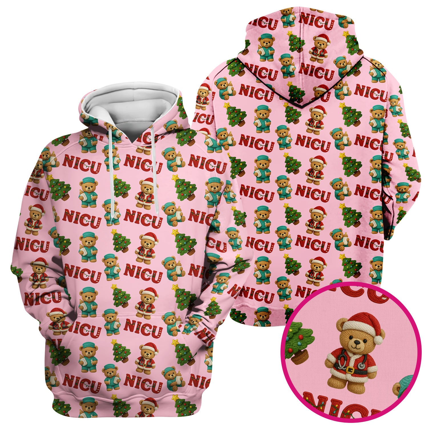 Festive Christmas NICU Nurse Teddy Bear Pattern, Breathable Fabrics Nursing Uniform