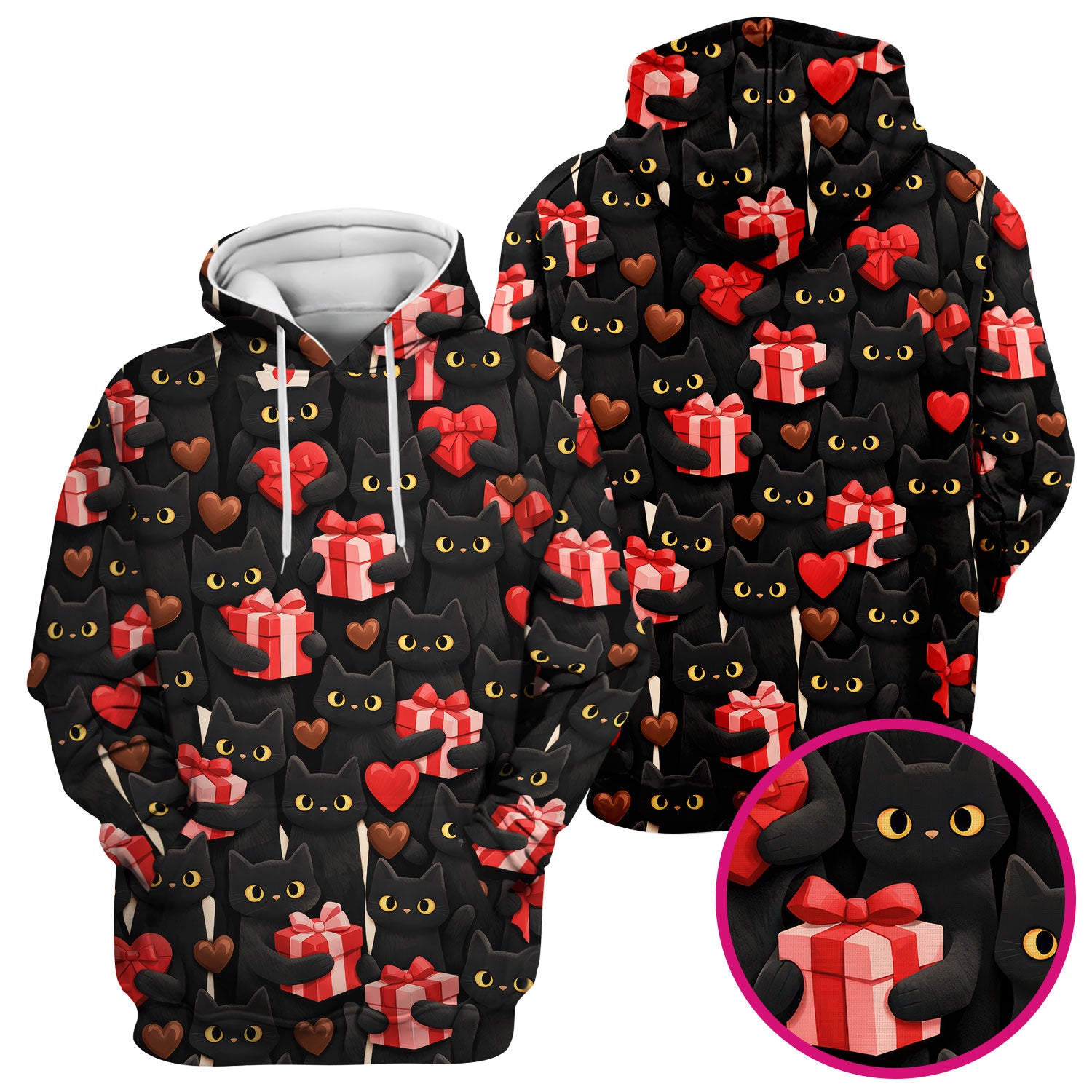 Black Cat Valentine Nurse Scrub Top, Heart Pattern Medical Shirt, Breathable Fabrics Nursing Uniform