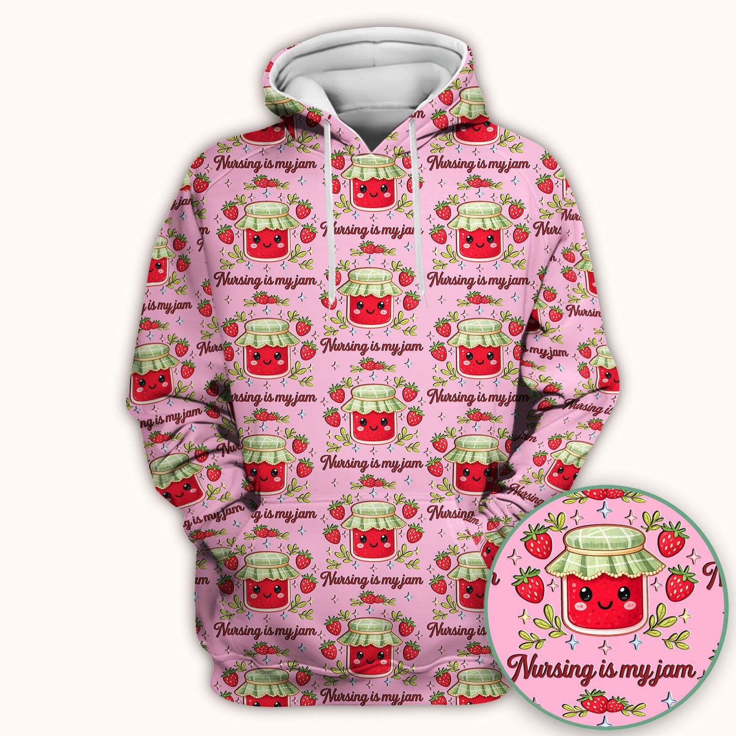 Cute Strawberry Jam Nurse Pattern Scrub Top, Breathable Fabrics Nursing Uniform