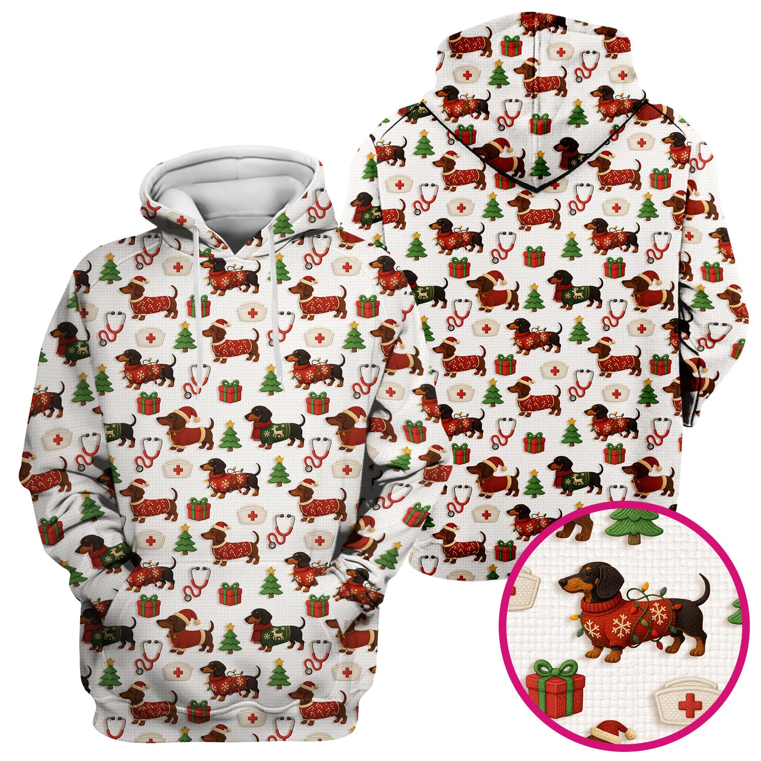 Custom Nurse Scrubs for Women - Dachshund Dog Christmas Print with Gifts & Holiday Tree - Multi Color Nursing Shirt Gift Idea