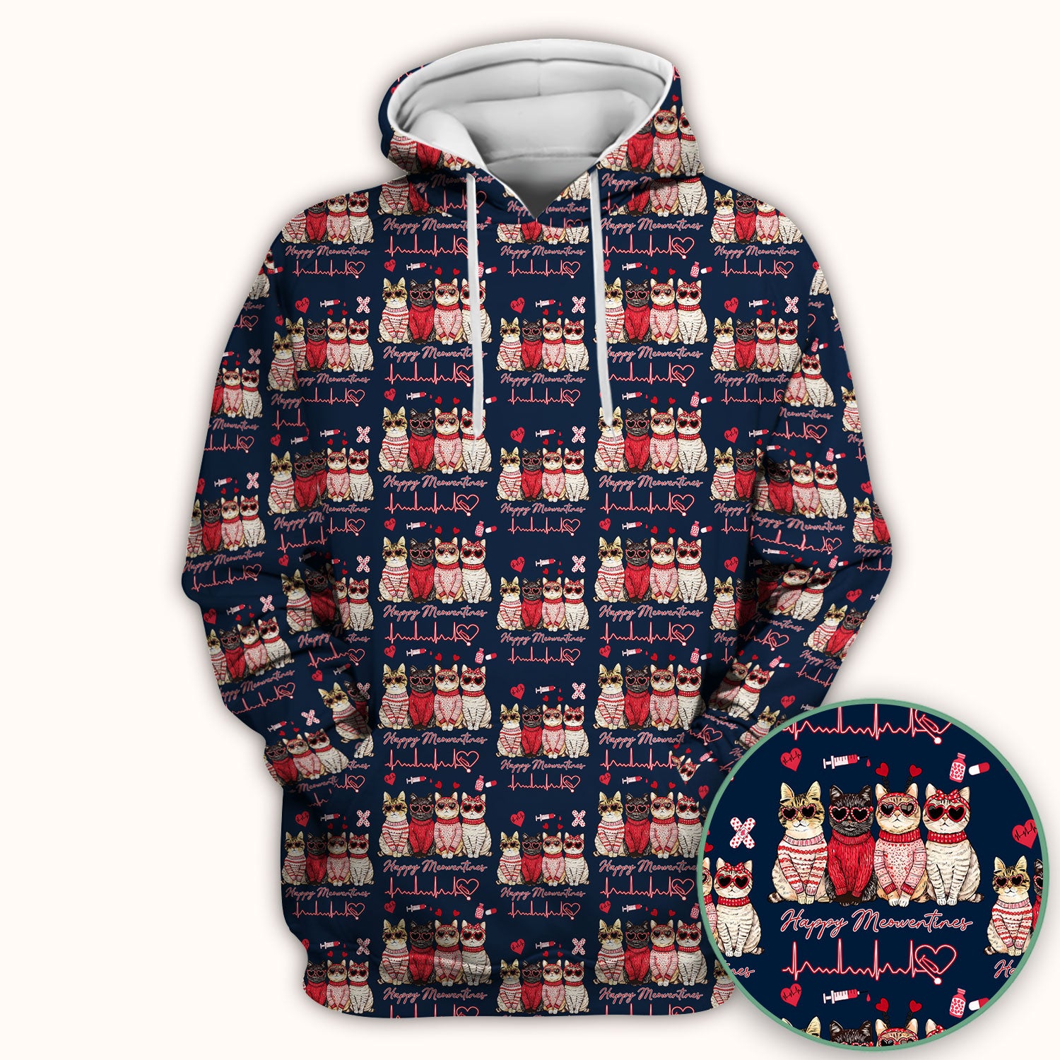 Happy Meowtines Cat Pattern Scrub Top, Valentine Cat Lover Nurse Scrub Shirt, Heartbeat Medical Pattern Nursing Uniform