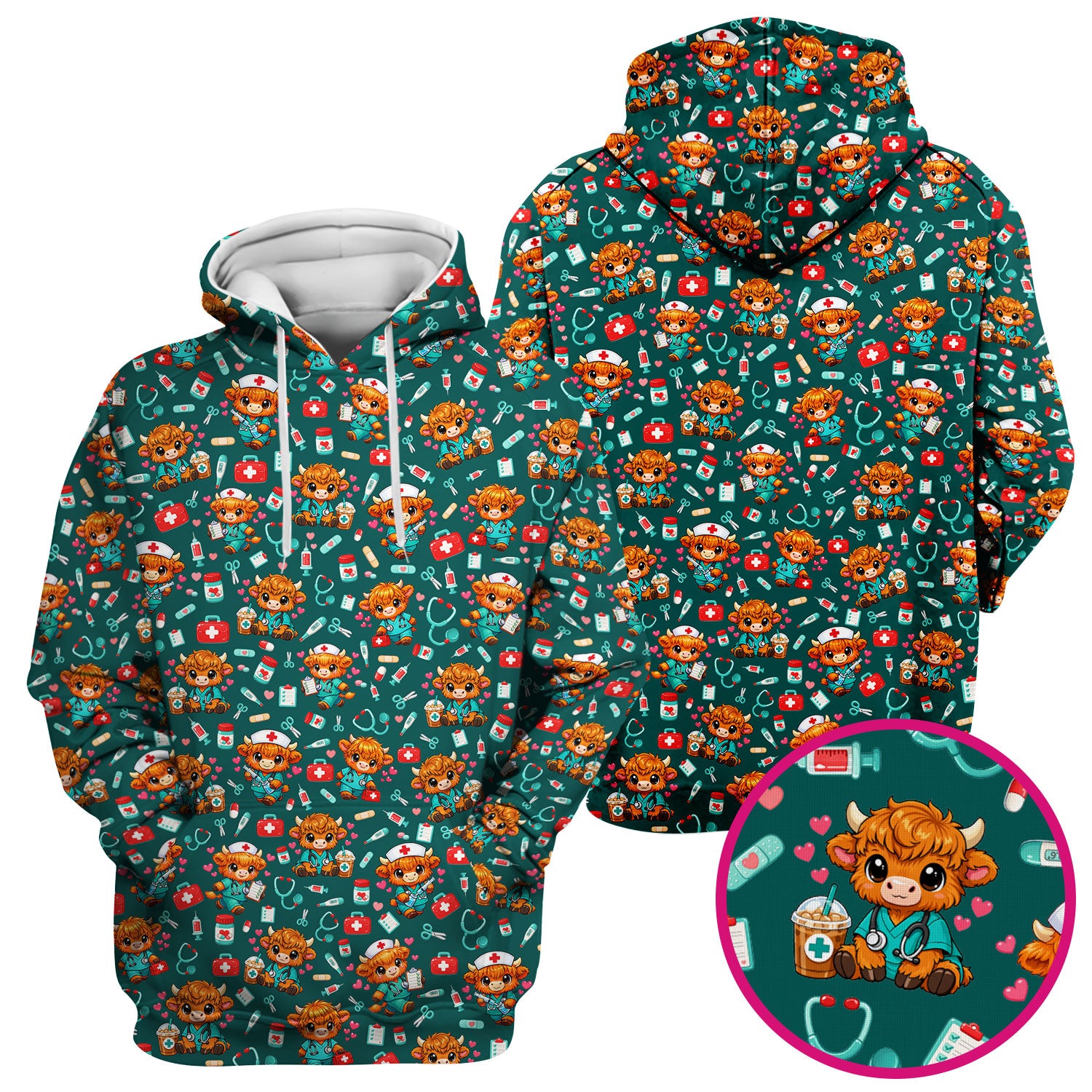 Cute Highland Cow Nurse Scrub Top, Kawaii Medical Pattern Shirt, Breathable Fabrics Nursing Uniform