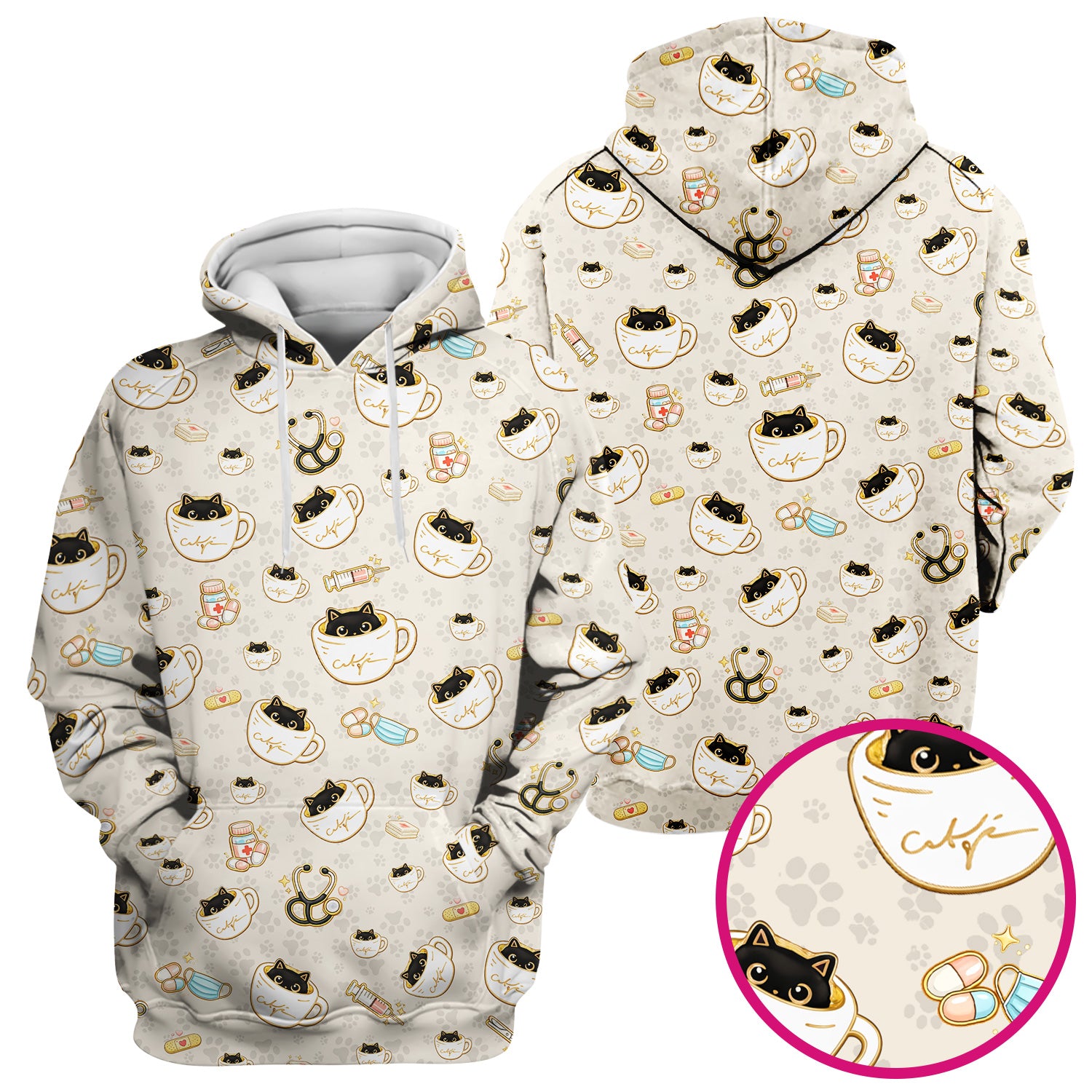 Cute Coffee Cat Medical Print Scrub Top, Breathable Fabrics Nursing Uniform