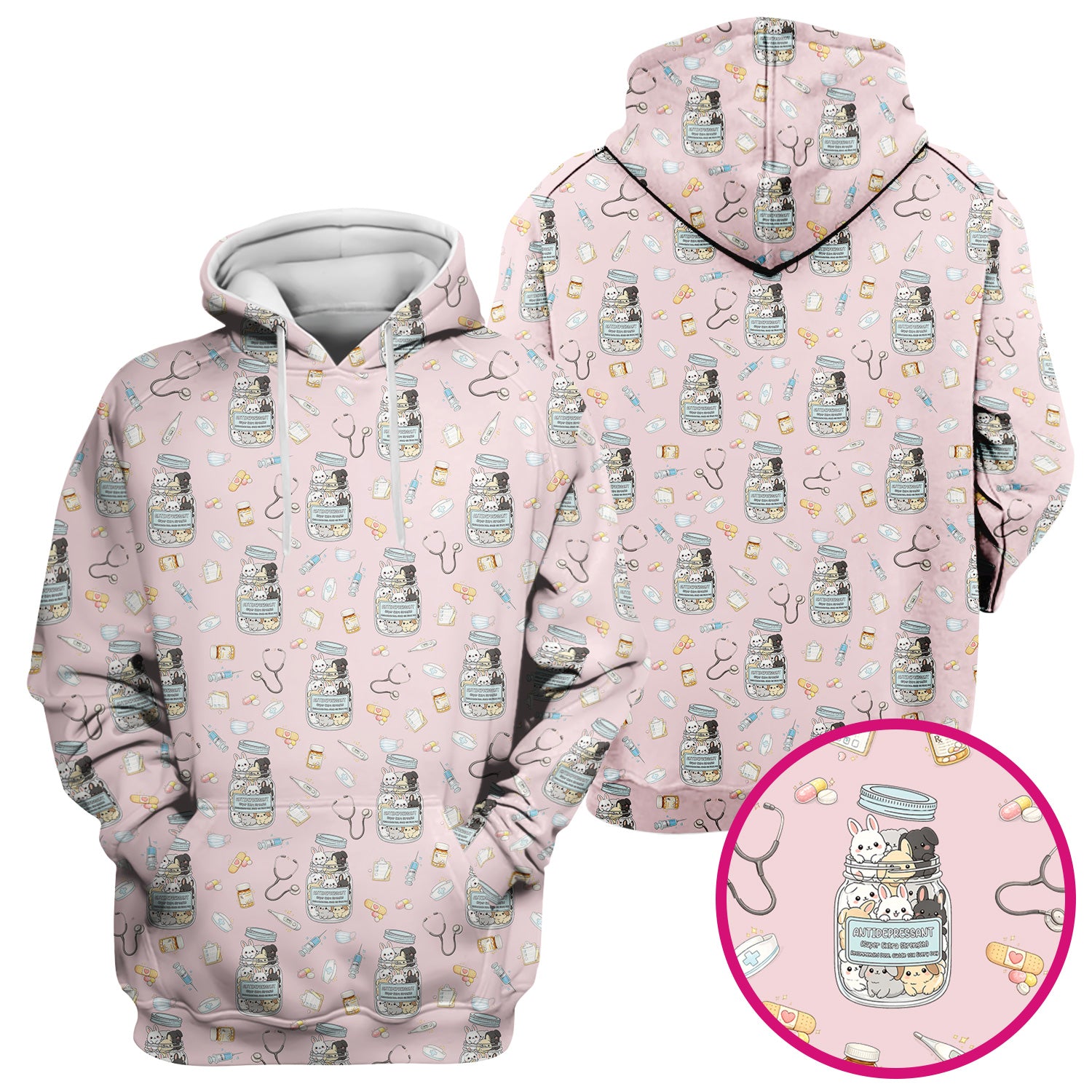 Whimsical Antidepressant Rabbit Jar Design Nurse Scrub Top, Soft & Breathable Workwear
