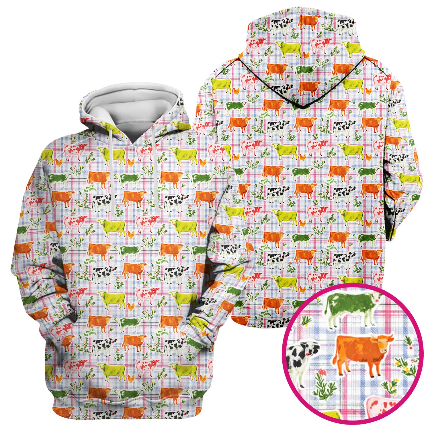 Colorful Farm Cow Plaid Print Scrub Top, Cute Country Scrubs for Nurses