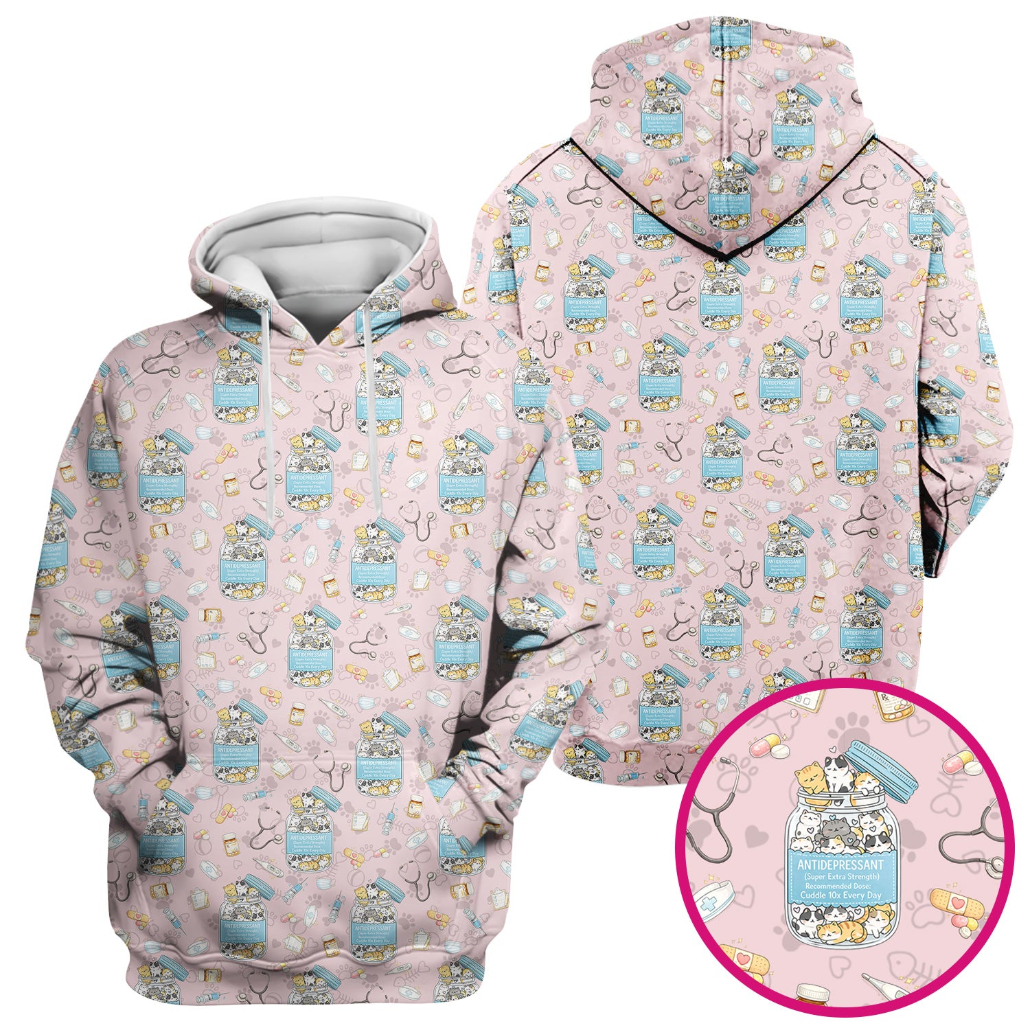 Cute Antidepressant Cat Jar Print Nurse Scrub Top, Breathable Fabrics Nursing Uniform