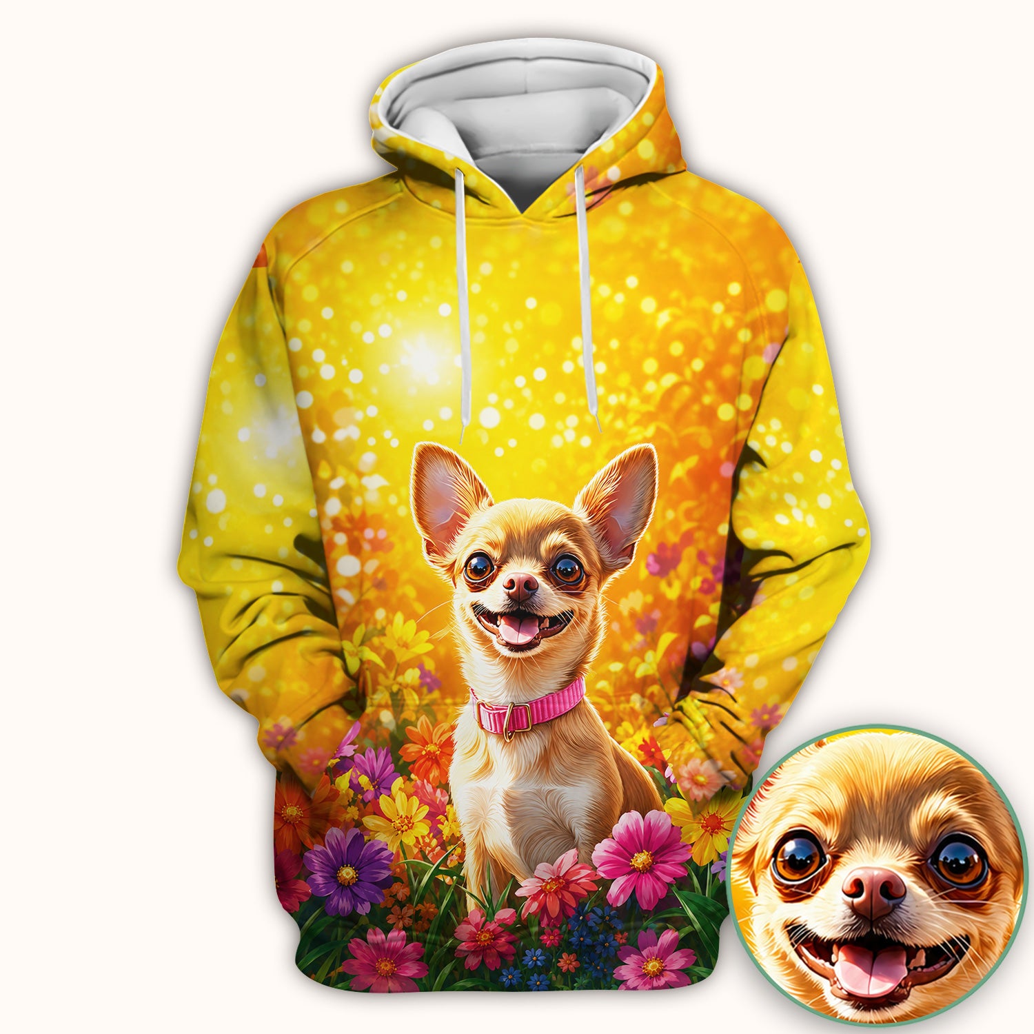 Cute Chihuahua Flower Meadow Pattern Scrub Top, Comfortable Scrubs for Nurses