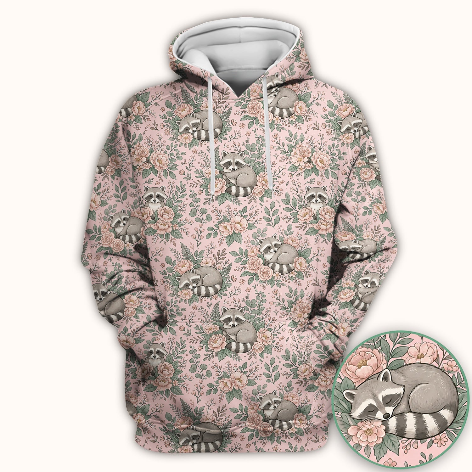 Sleeping Raccoon Rose Garden Pattern Scrub Top, Breathable Fabrics Nursing Uniform