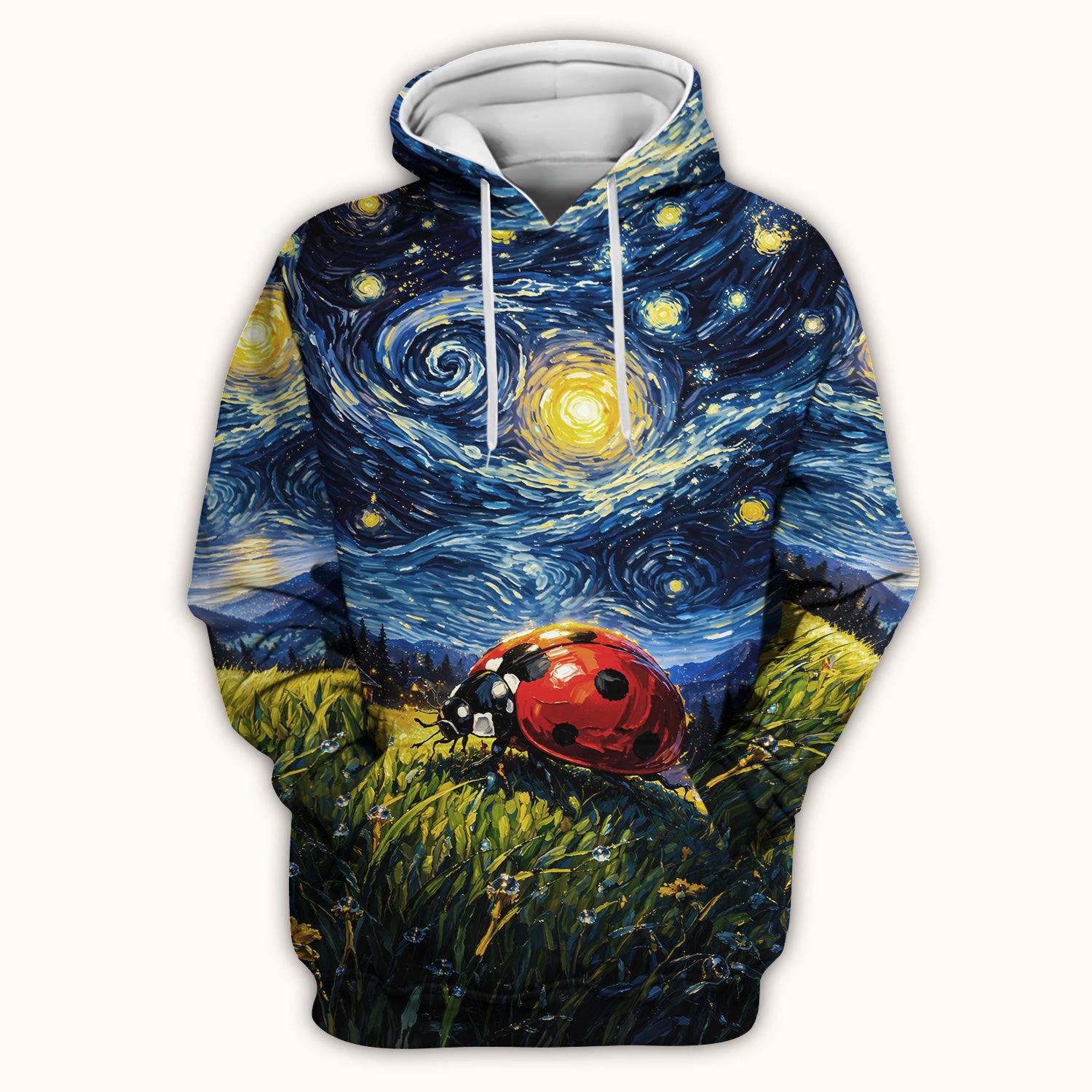 Swirl Night Sky Ladybug Landscape Art Print Scrub Top, Artistic Nature Nursing Uniform for Women