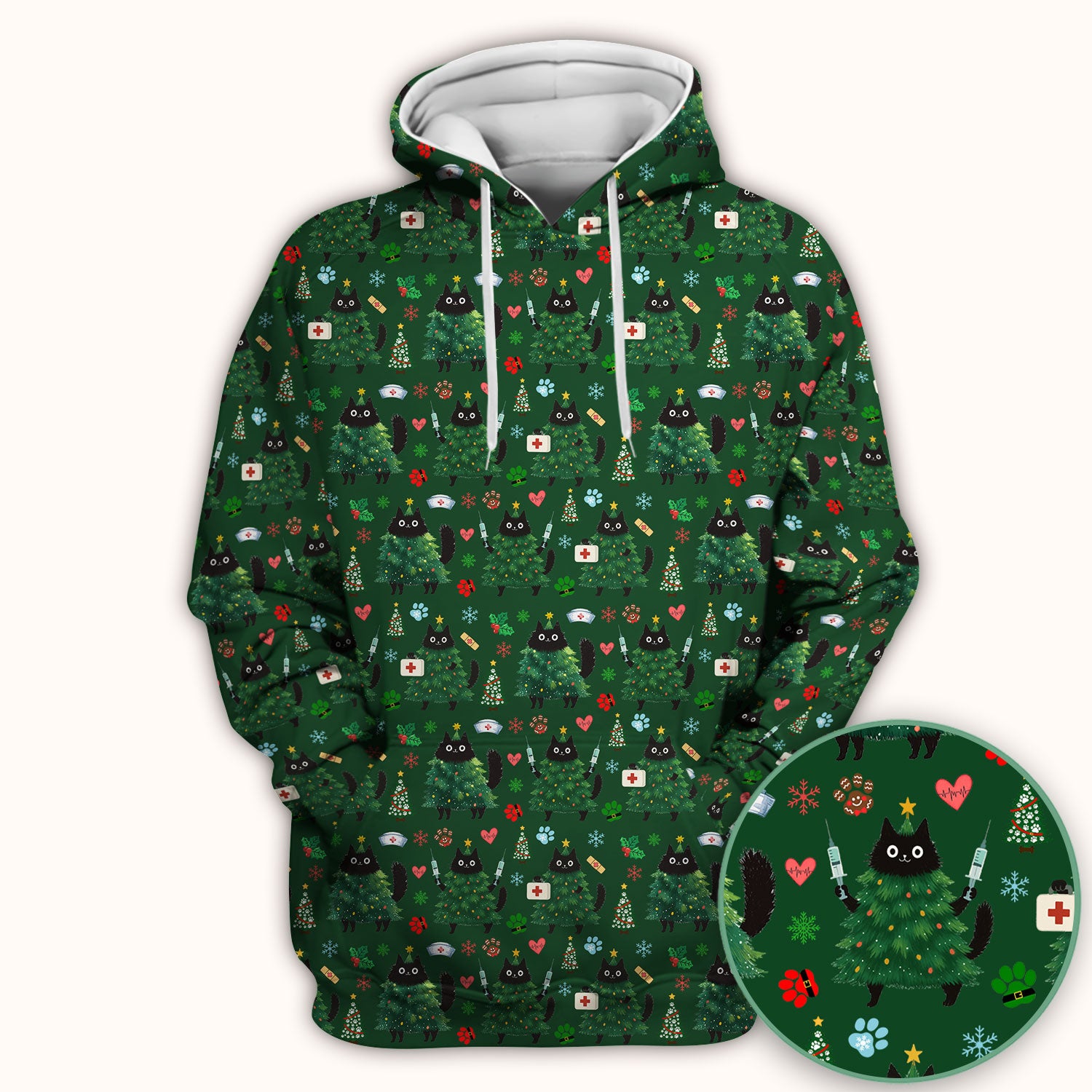 Christmas Nurse Scrub Top, Xmas Black Cat Pattern Nurse Shirt,  Breathable Fabrics Nursing Uniform