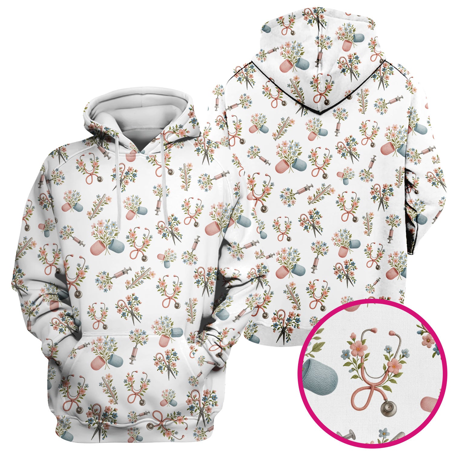 Floral Medical Scrub Top, Elegant Stethoscope With Flower Nursing Shirt, Breathable Fabrics Nurse Uniform