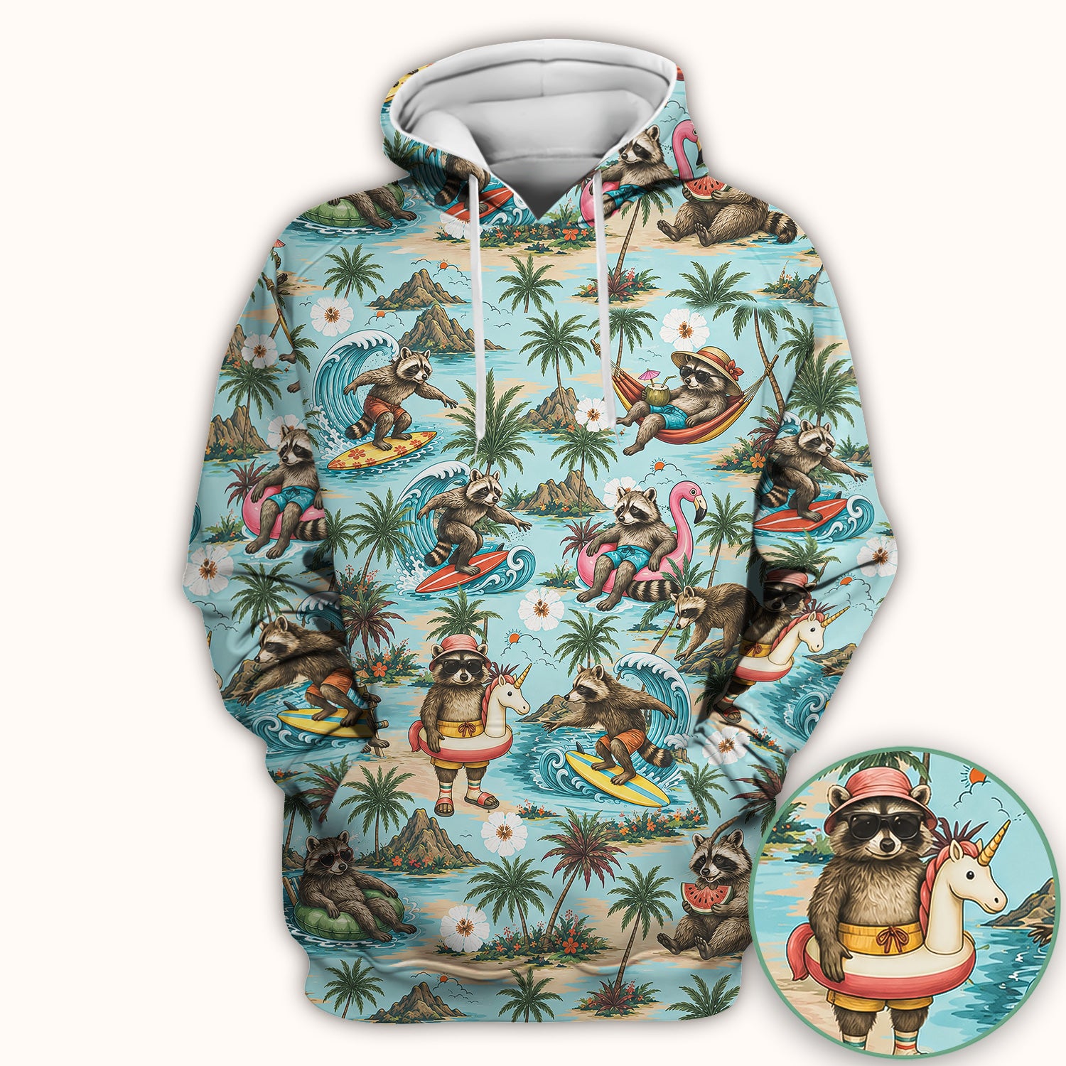 Tropical Raccoon with Surfing Island Beach Print Scrub Top, Comfortable Scrubs for Nurses