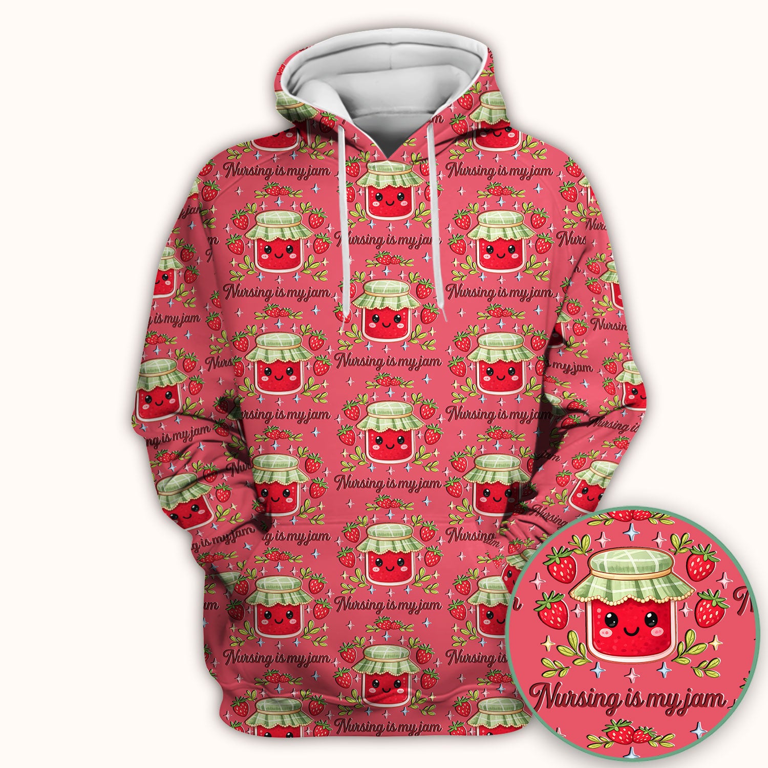Cute Strawberry Jam Nurse Pattern Scrub Top, Breathable Fabrics Nursing Uniform