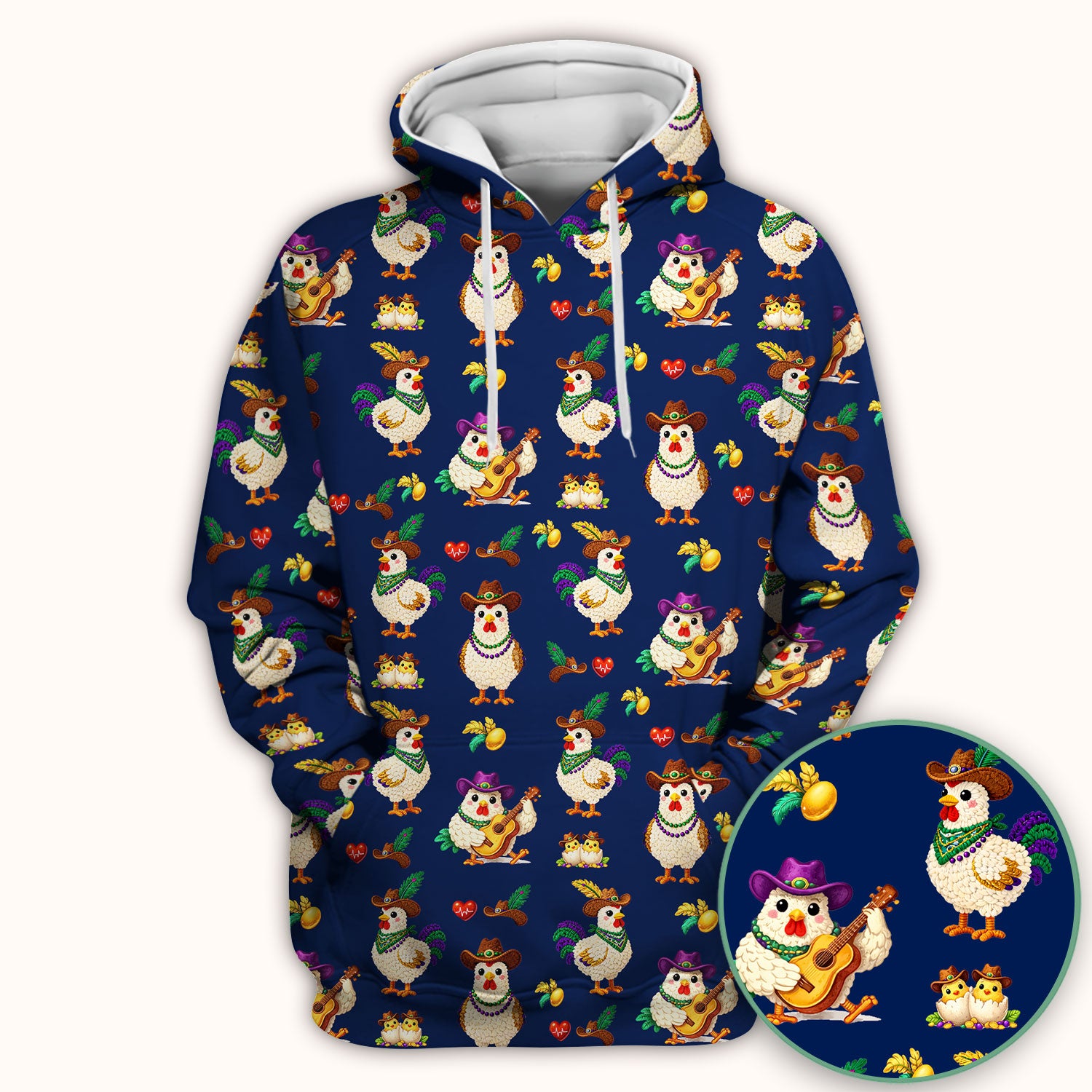 Funny Mardi Gras Rooster Cowboy Print Scrub Top, Comfortable Scrubs for Nurses