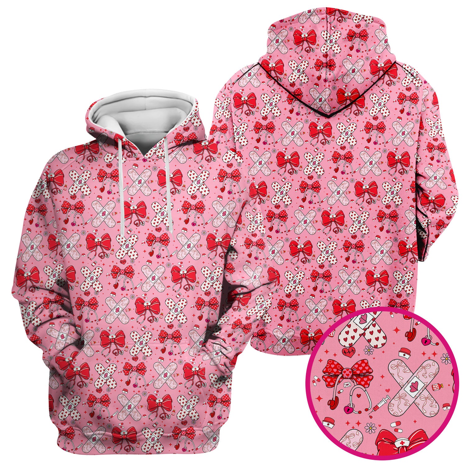 Valentine Nurse Scrub Top, Red Bow And Heart Bandage Pattern Medical Shirt, Breathable Fabrics Nursing Uniform