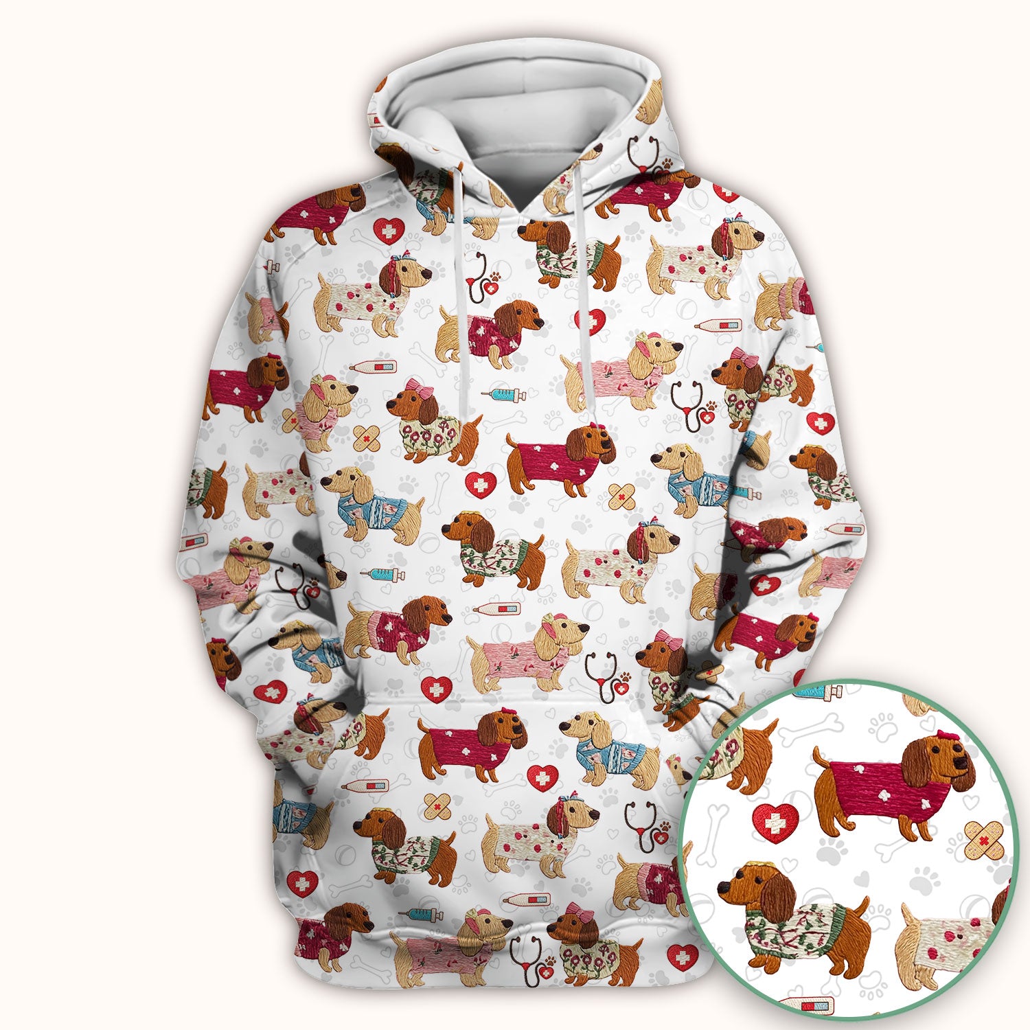 Cute Medical Wiener Dog Pattern Nurse Shirt, Dachshund Nursing Scrub Top, Breathable Fabrics Nursing Uniform