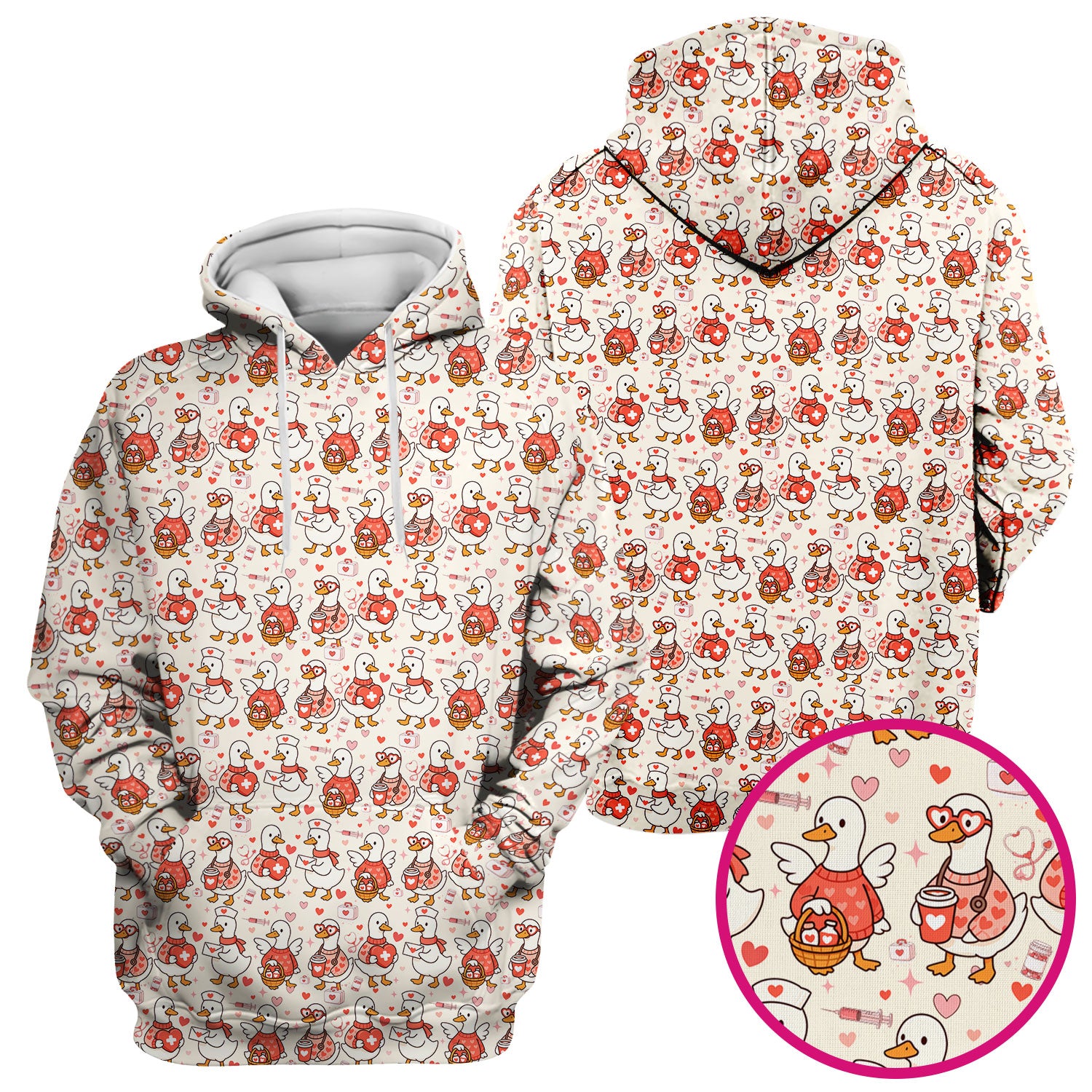 Valentine Goose Nurse Scrub Top, Heart Medical Pattern Nurse Shirt, Breathable Fabrics Nursing Uniform