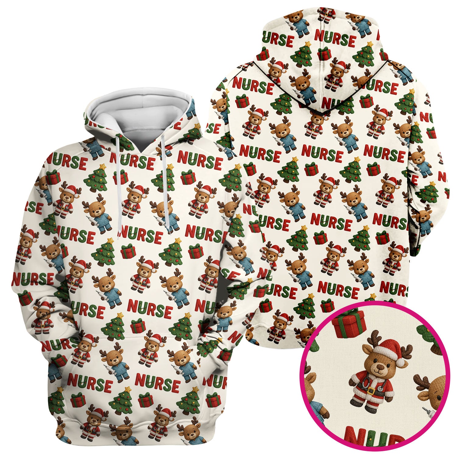 Reindeer Christmas Scrub Top, Cute Holiday Nurse Scrub Shirt, Festive Pattern Nursing Uniform