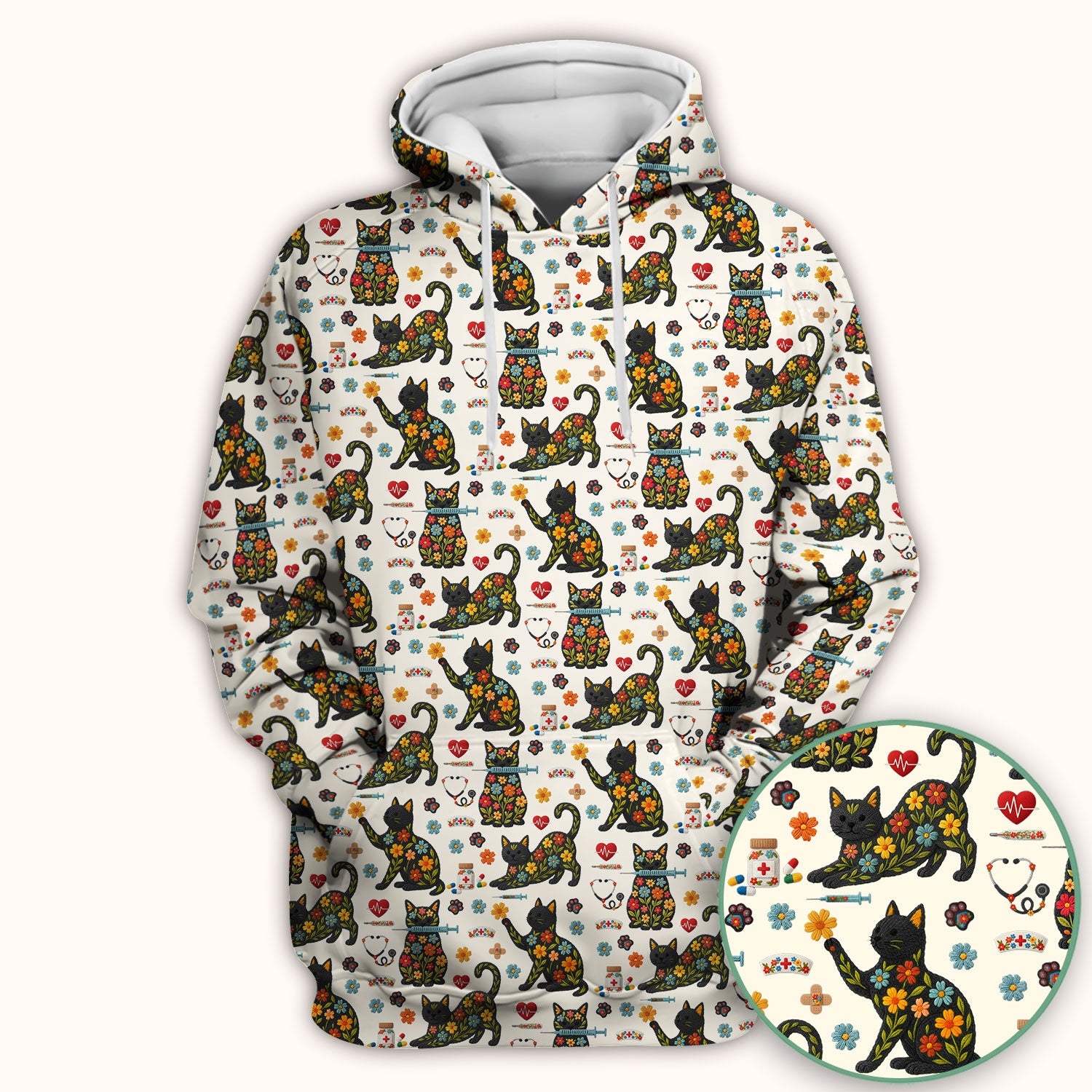 Floral Black Cat Pattern Scrub Top, Cute Cat Nurse Scrub Shirt, Medical Nursing Uniform