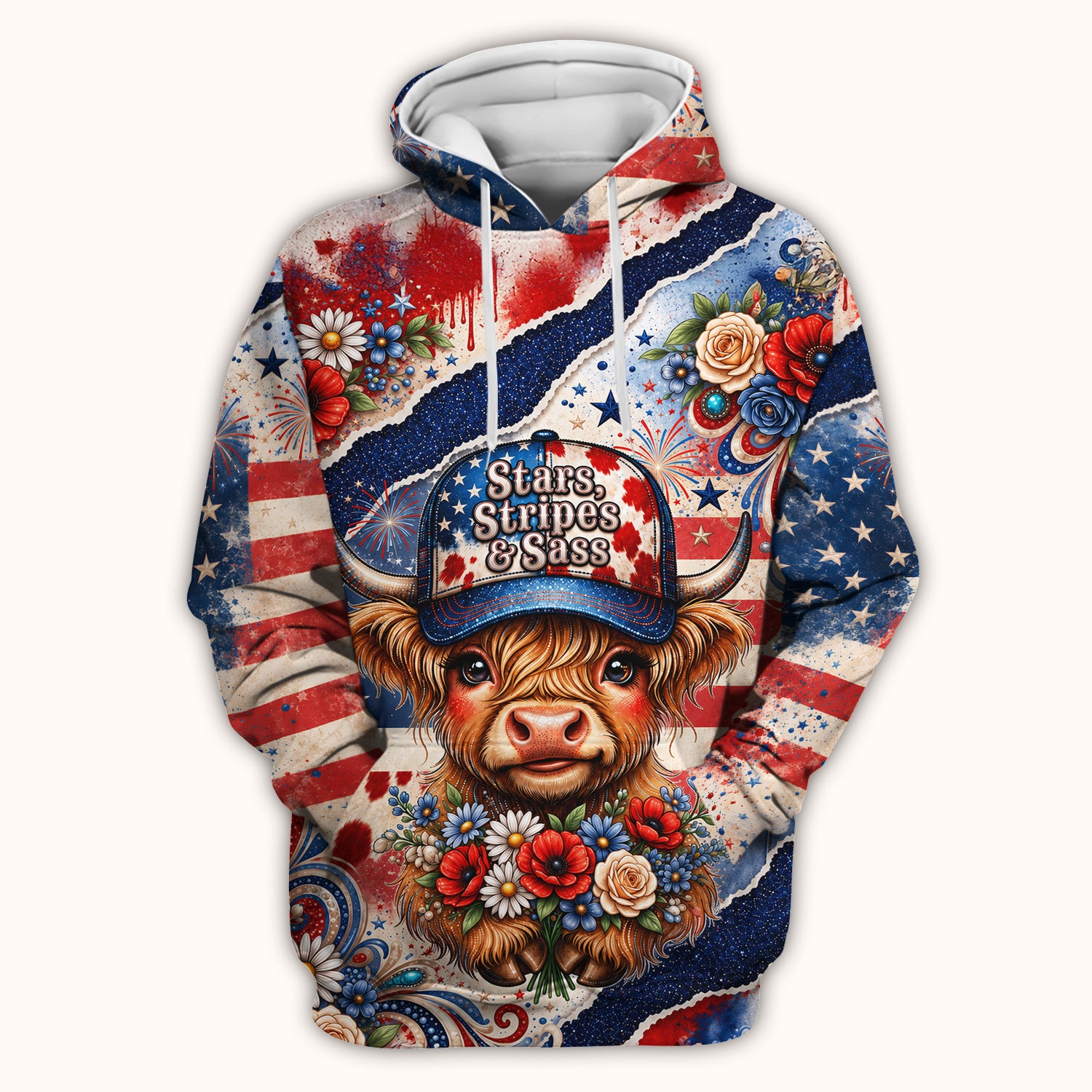 Patriotic Highland Cow Pattern, Healthcare Workers Scrub Top, Comfortable Scrubs for Nurses