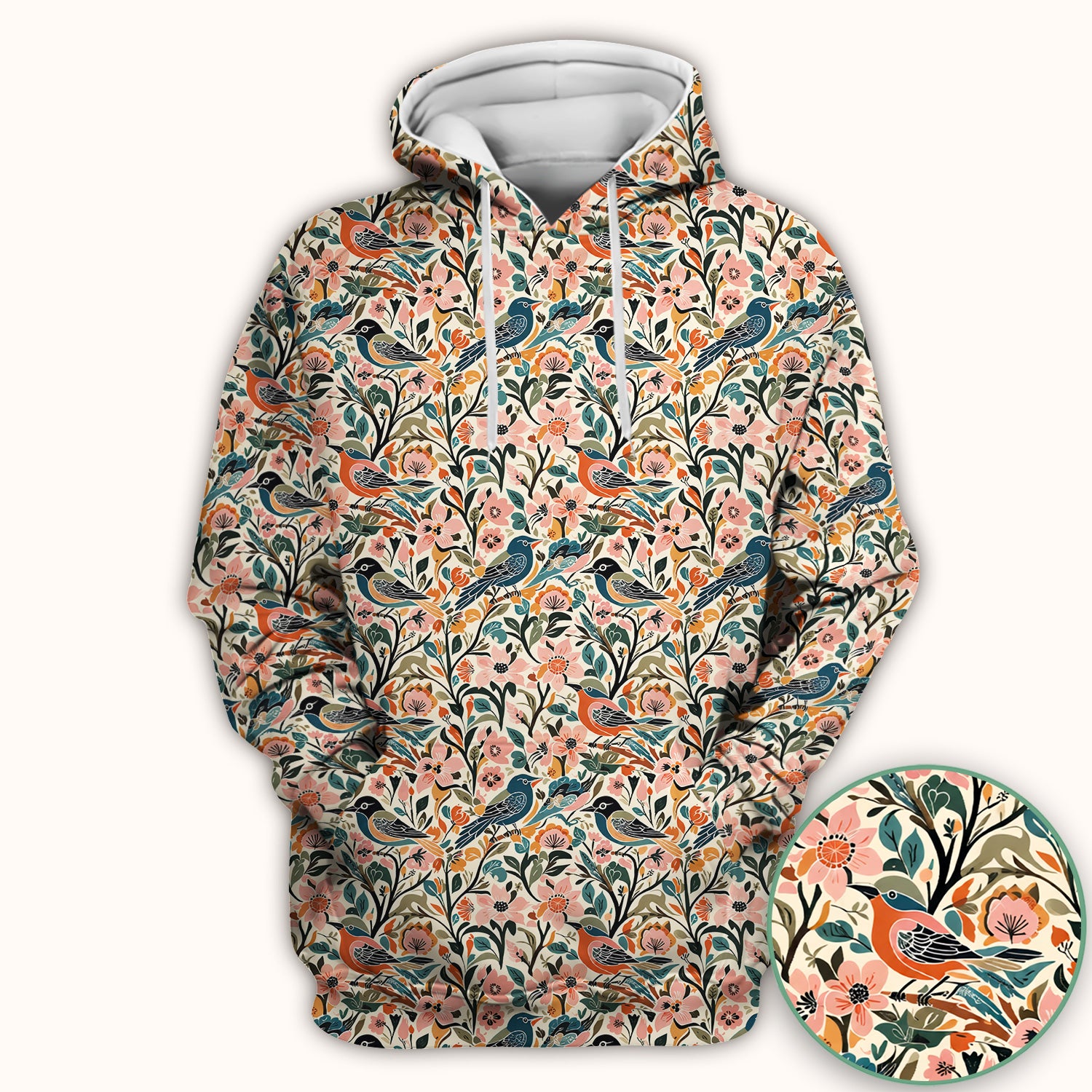 Folk Art Songbird Floral Pattern Scrub Top, Comfortable Scrubs for Nurses