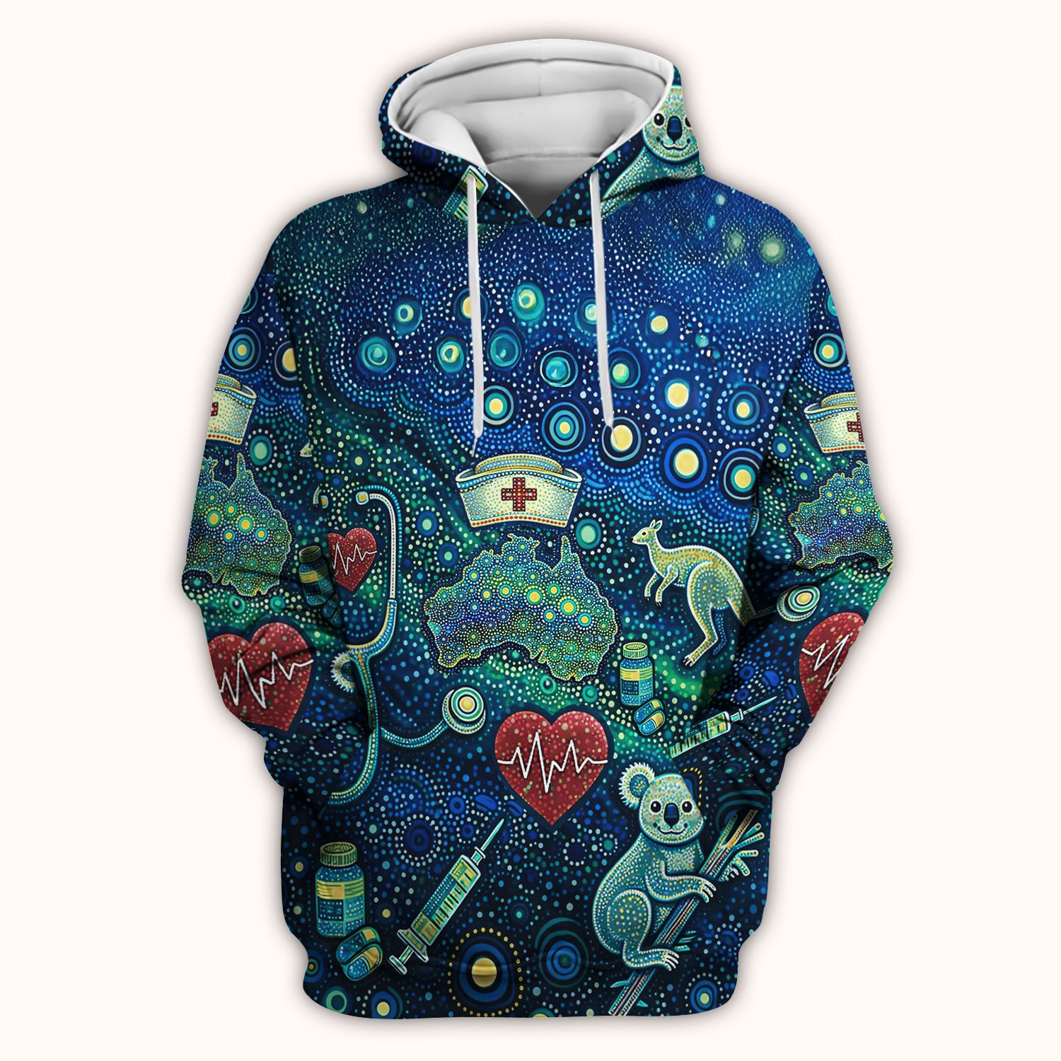 Aboriginal Nurse Australia Scrub Top, Kangaroo Koala Dot Art Medical Pattern Shirt, Breathable Fabrics Nursing Uniform