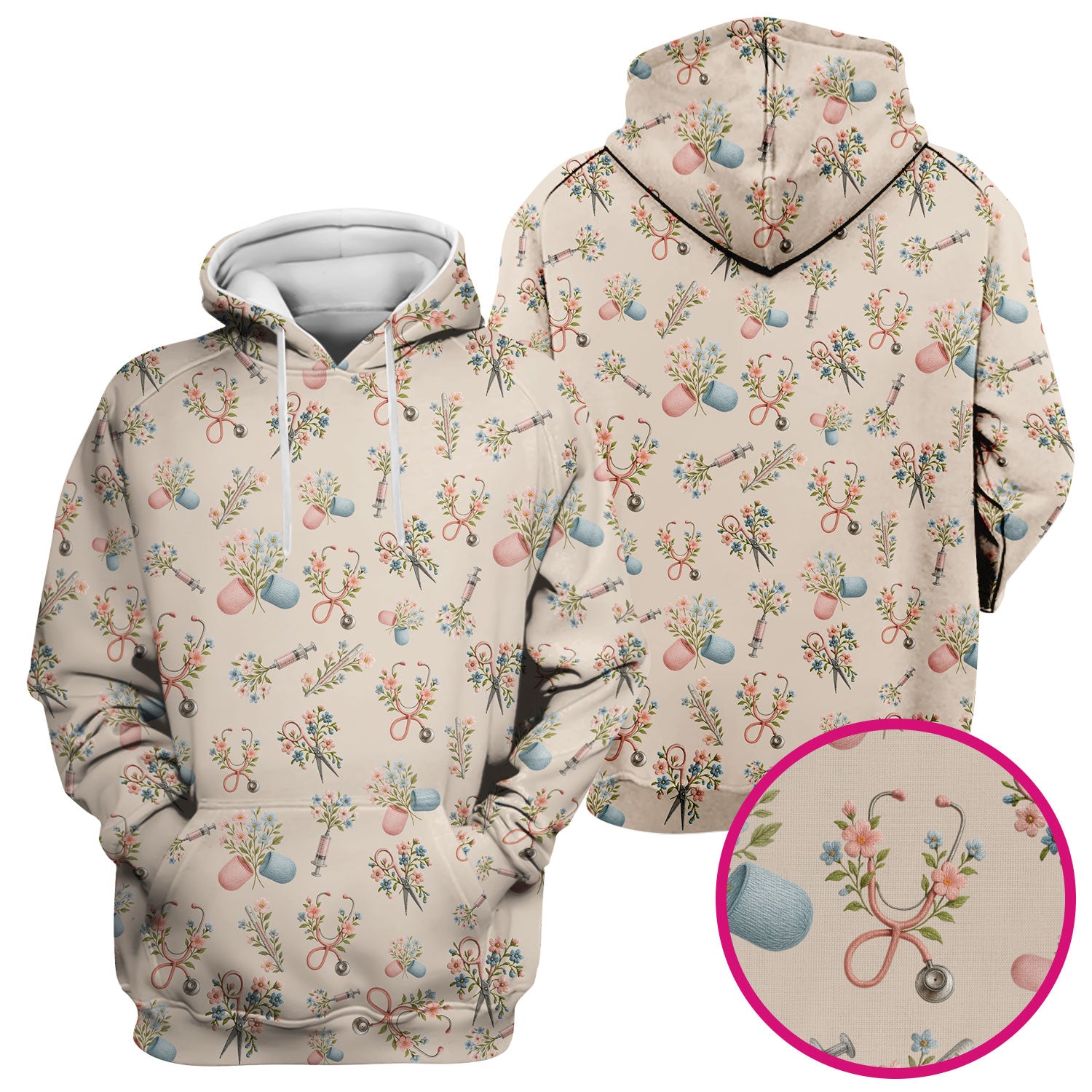 Floral Medical Scrub Top, Elegant Stethoscope With Flower Nursing Shirt, Breathable Fabrics Nurse Uniform