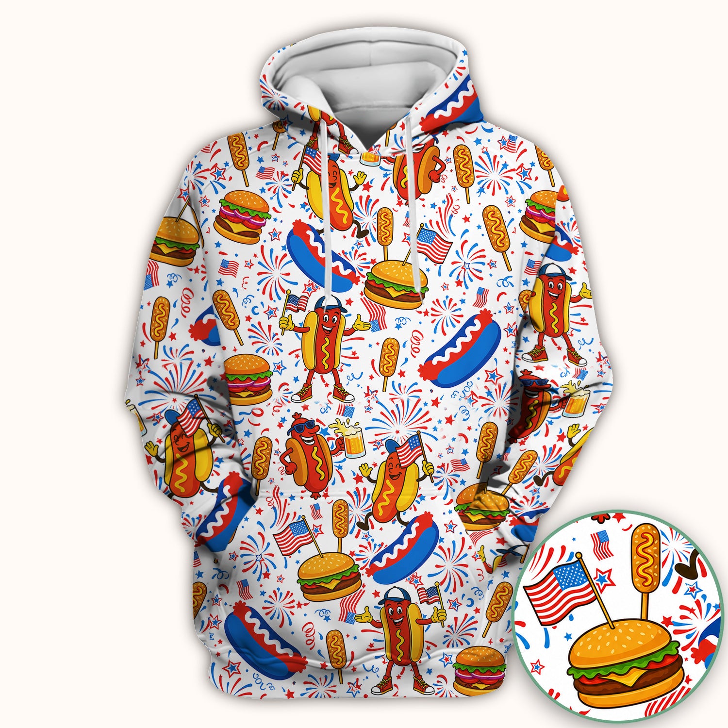 Patriotic Hot Dog Burger Fireworks Scrub Top, Comfortable Scrubs for Nurses