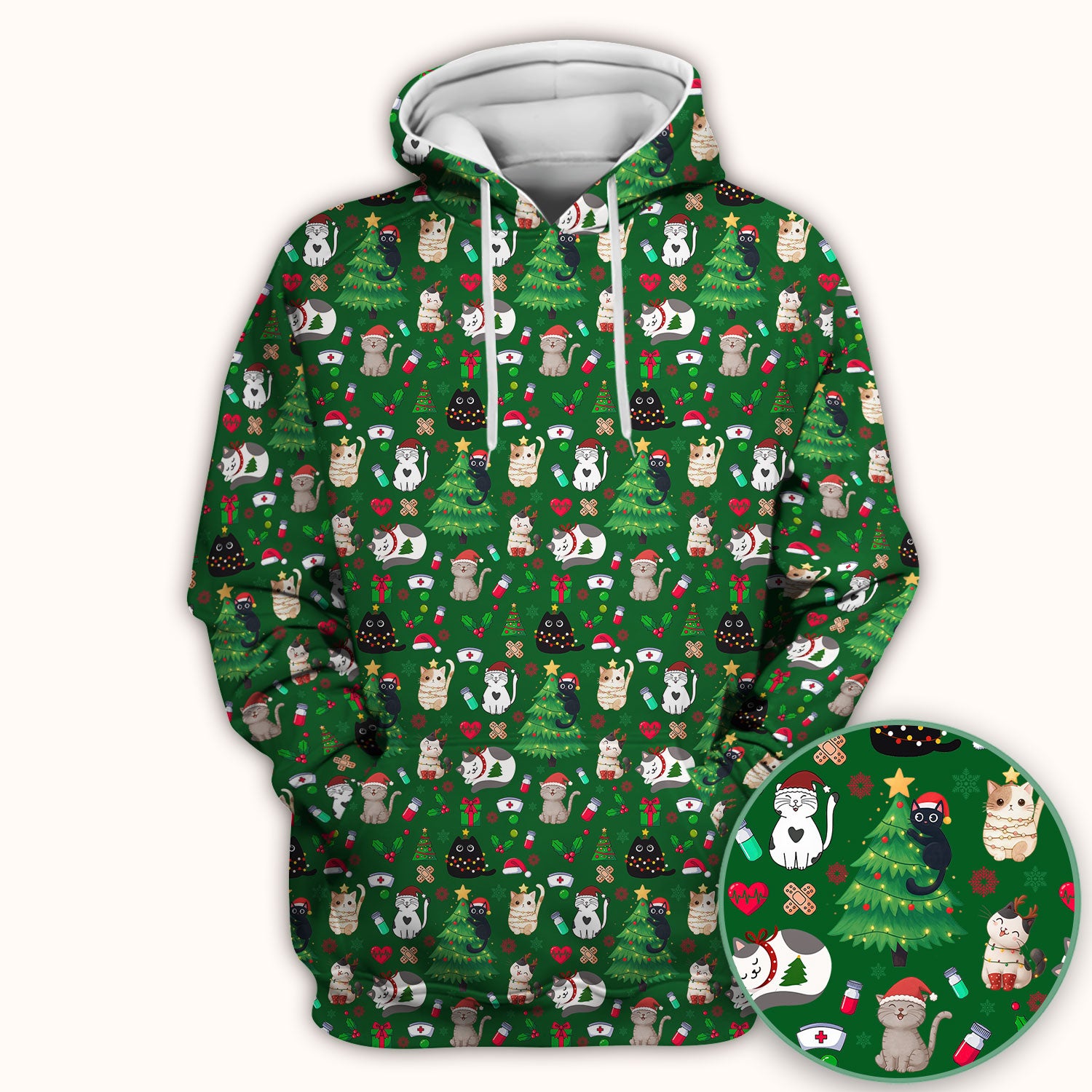 Christmas Cat Scrub Top, Xmas Pet Pattern Scrub Shirt, Breathable Fabrics Nursing Uniform