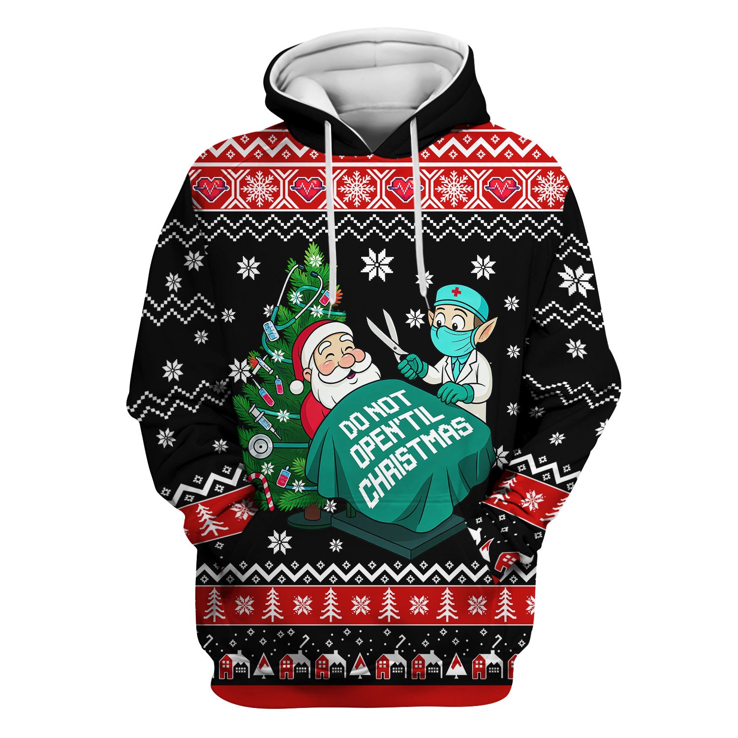Funny Scrub Top for Women - Do Not Open Til Christmas Santa and Elf - Holiday Medical Uniform Gift for RN LPN CNA
