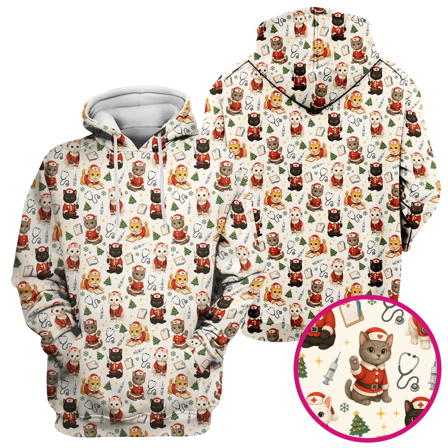 Christmas Nurse Scrub Top for Women - Cute Lucky Cat Pattern - Funny Holiday Nursing Shirt Gift for RN LPN CNA