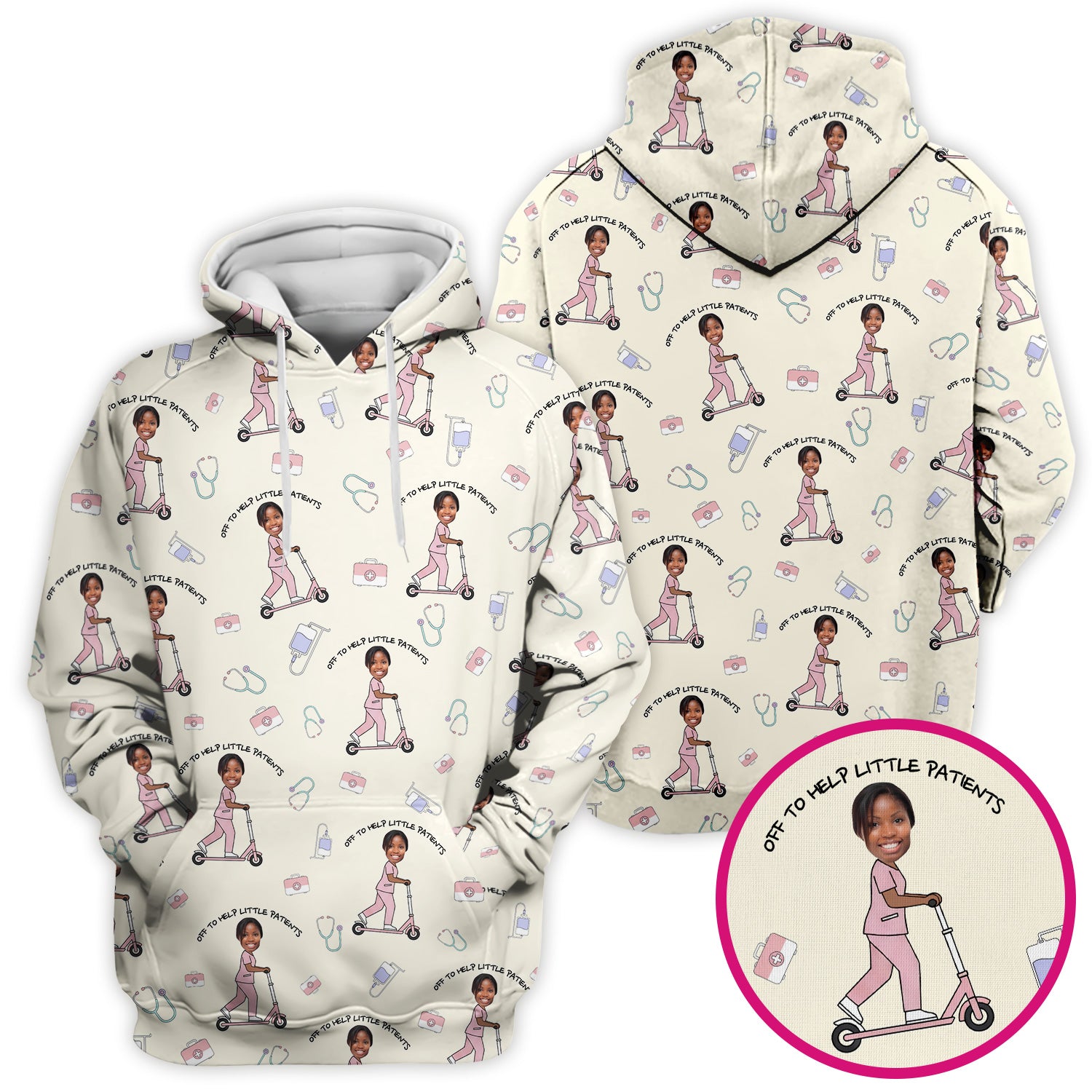 Custom Face Pediatric Nurse Scooter Pattern Scrub Top, Comfortable Scrubs for Nurses